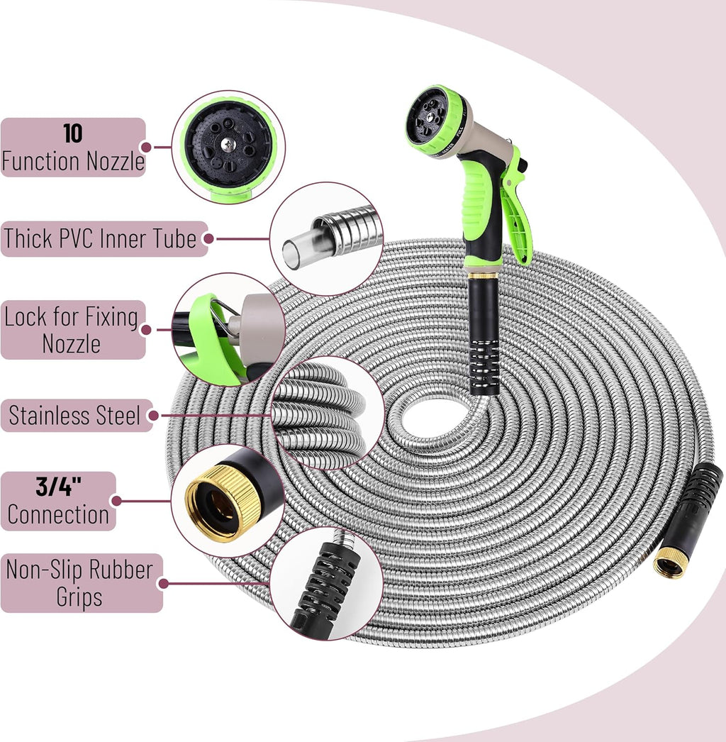 UNCO- Metal Garden Hose with 10 Functions Spray Nozzle, 100 Feet, No Kink | Stainless Steel, Durable Flexible Water