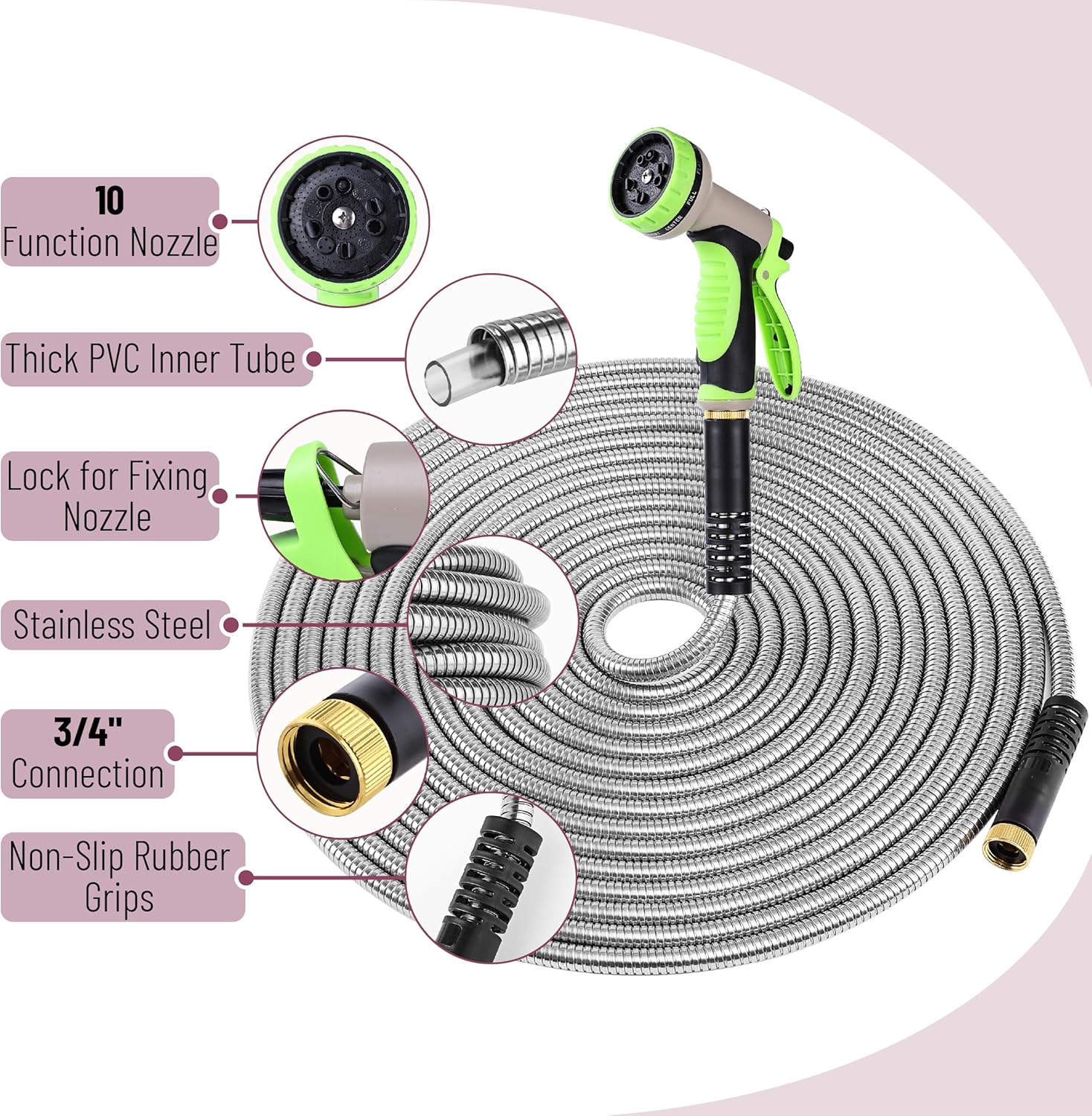 UNCO- Metal Garden Hose with 10 Functions Spray Nozzle, 100 Feet, No Kink | Stainless Steel, Durable Flexible Water