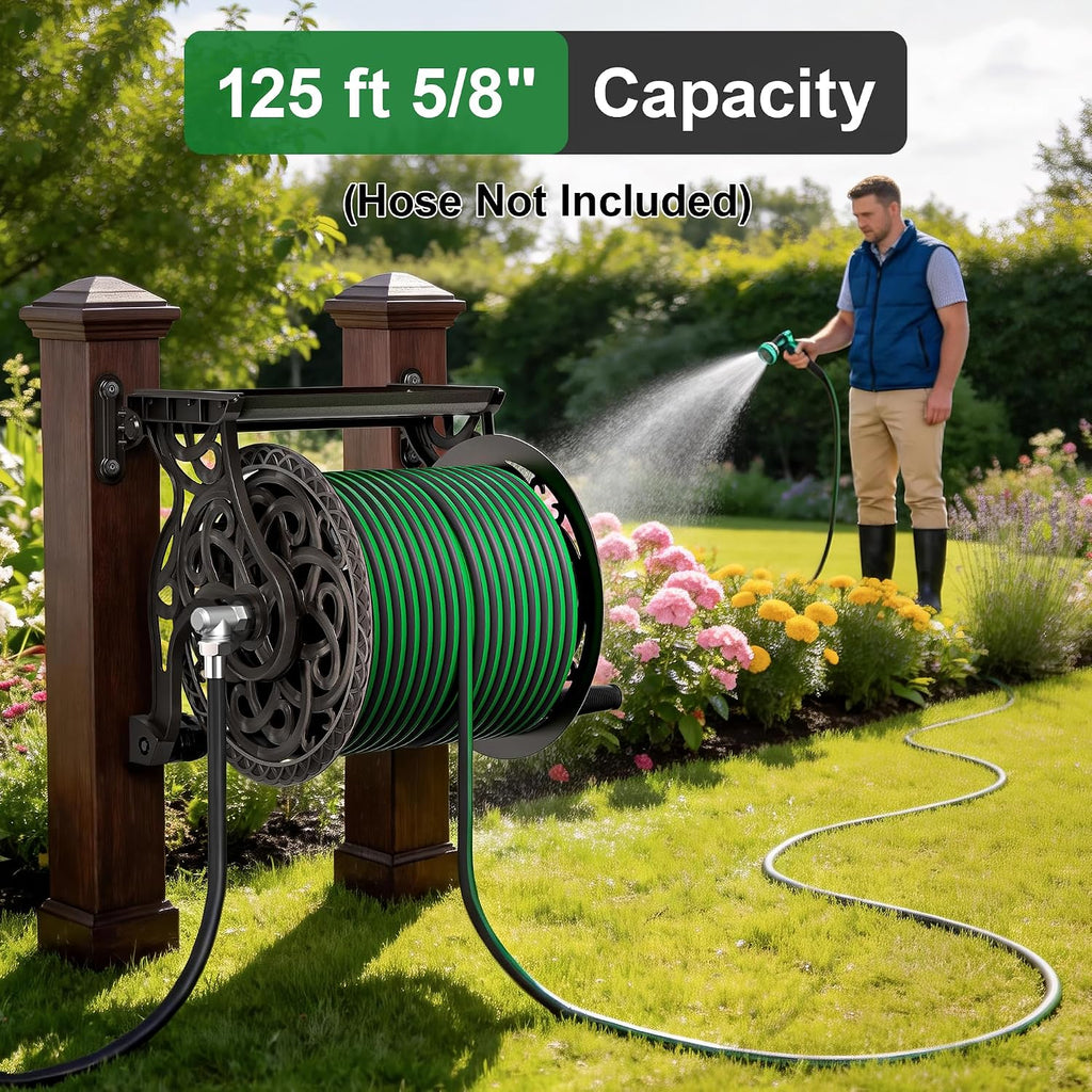 Garden Hose Reel Wall Mount Metal, Holds 125 ft x 5/8" Decorative Water Hose Holder for Outside Storage, Heavy Duty