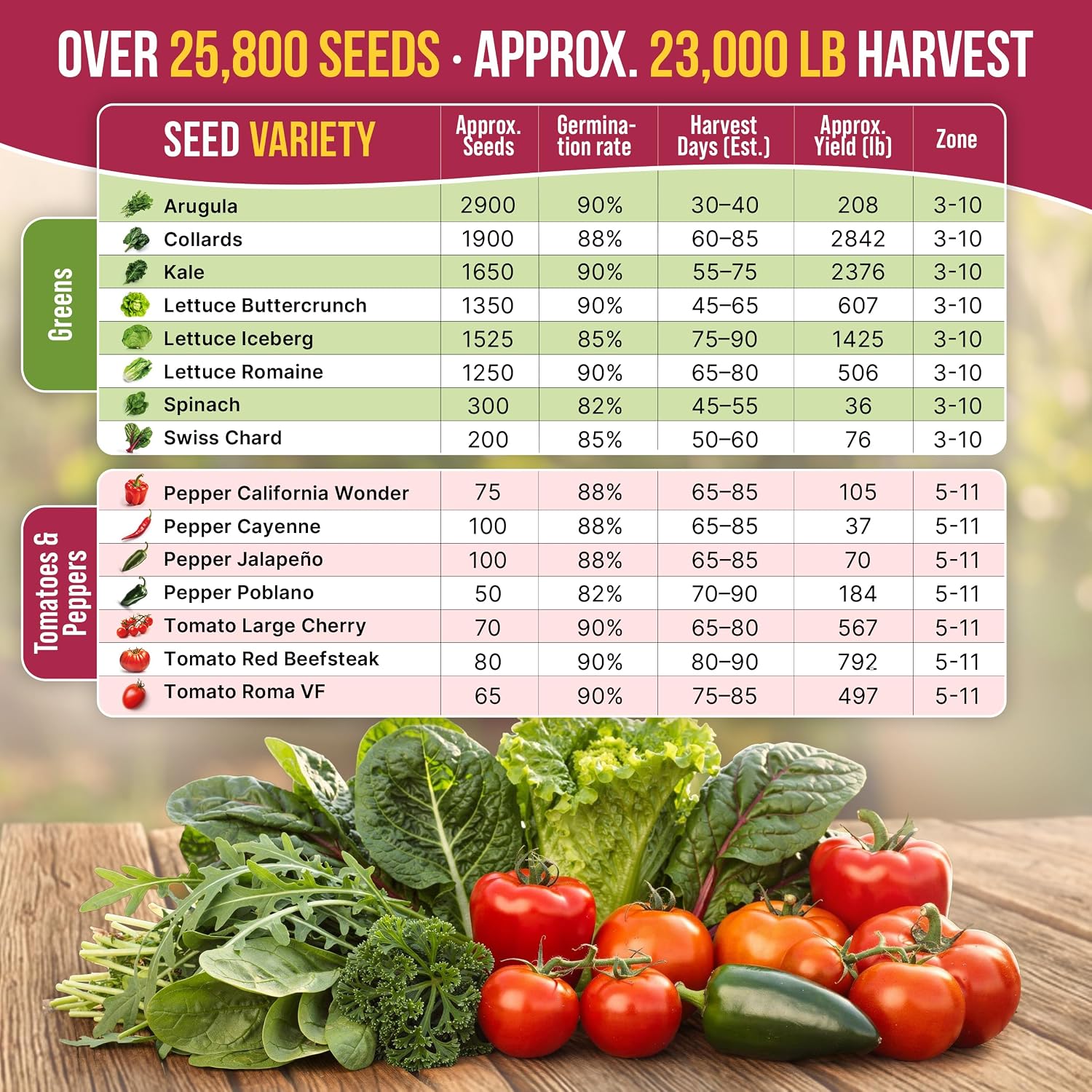 40 Vegetable Seeds Variety Pack - 26000 Non GMO Heirloom Seeds for Planting Vegetables & Fruits in Bulk Individual Seed