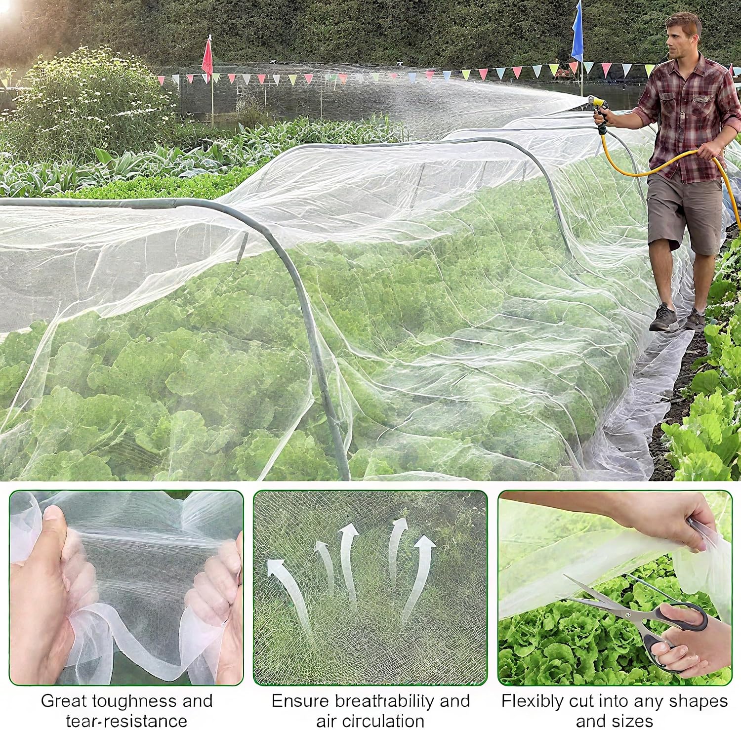 Garden Mesh Netting Kit, 10 * 33ft Ultra Fine Netting with 6pcs Garden Hoops for Raised Beds, Plants Cover Net for