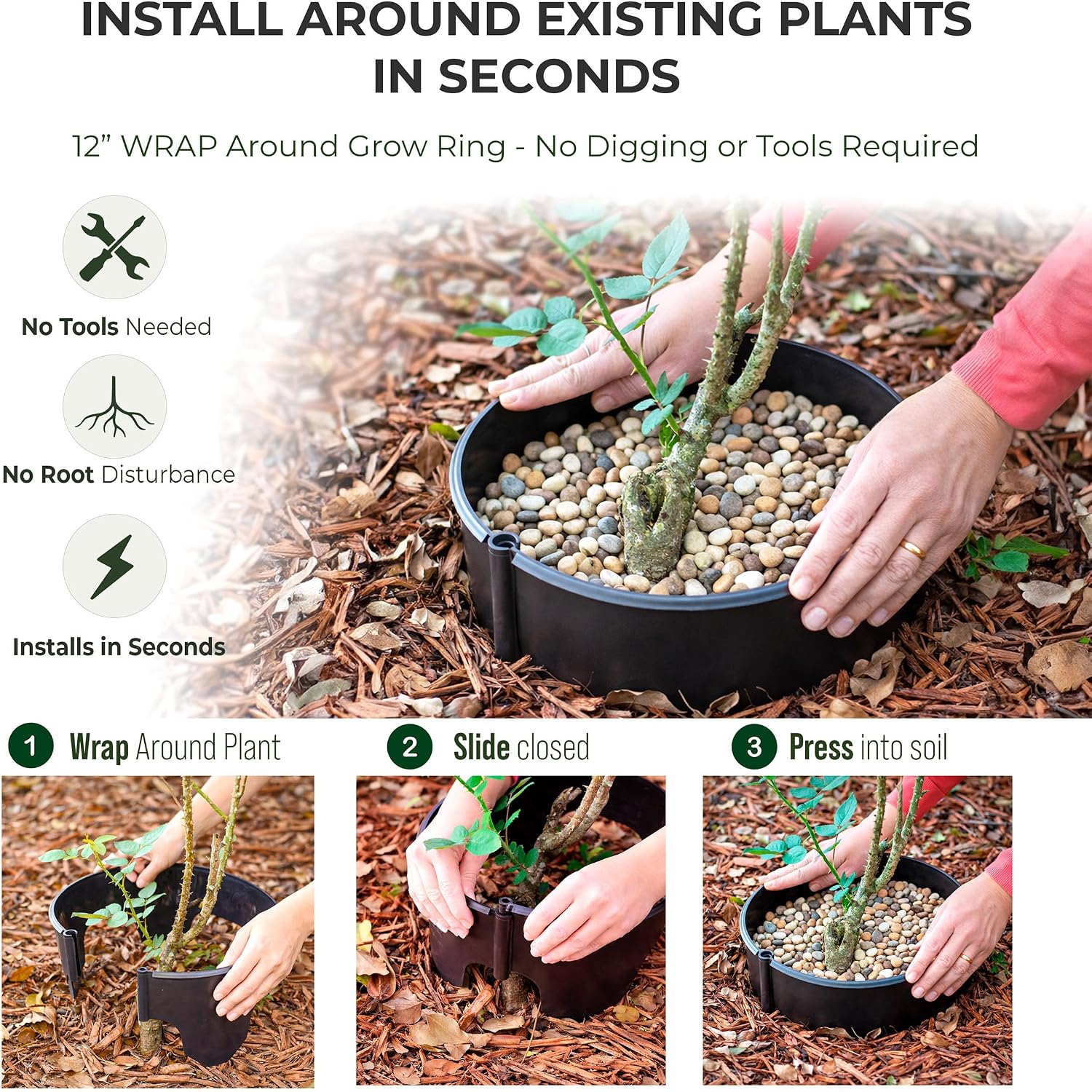 12 Inch Wrap-Around Adjustable Planting Grow Rings | 3 Pack | Brown | Install Around Existing Plants | Square Foot