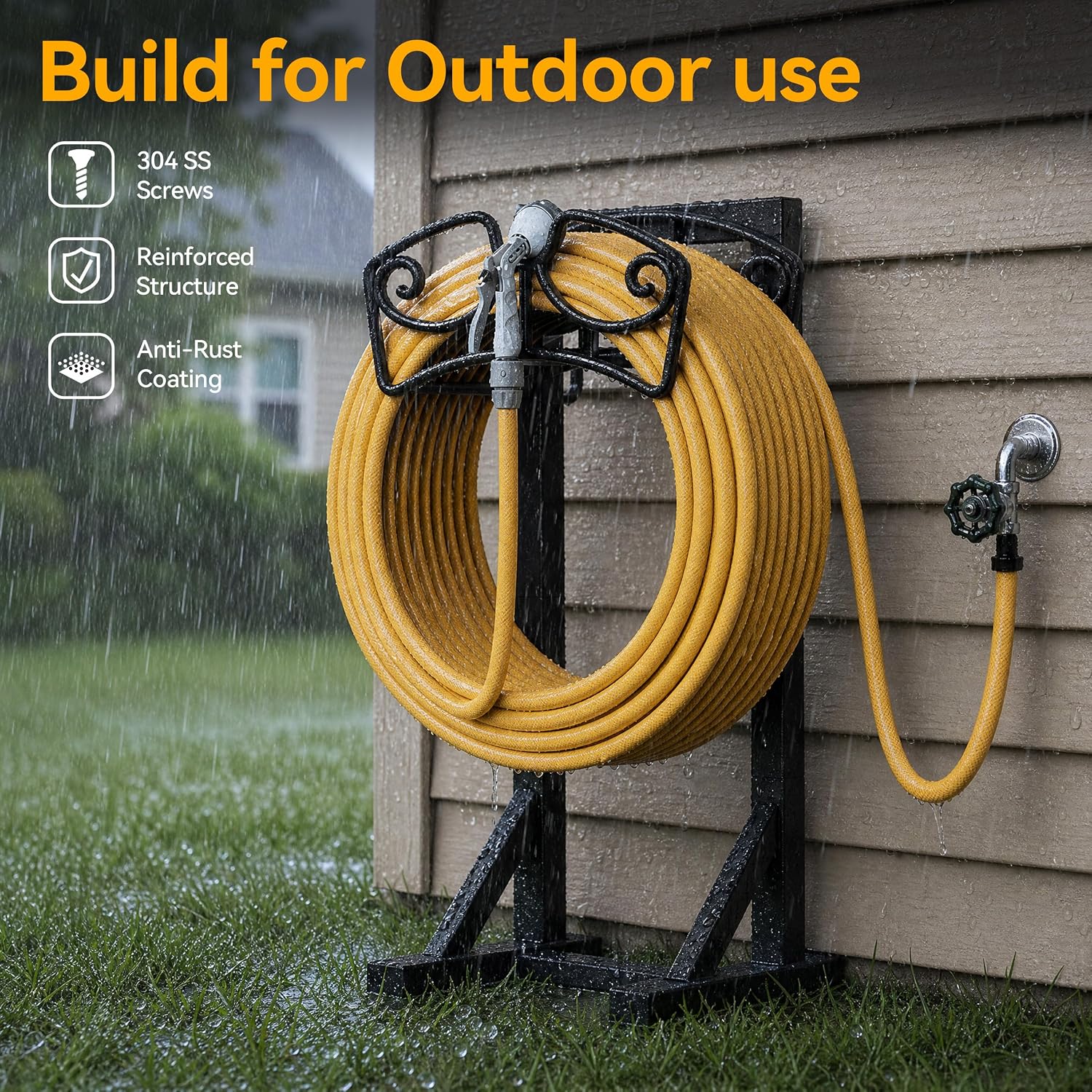 Garden Hose Holder Stand, Freestanding Metal Water Hose Storage Rack with Hooks for Outside Yard Lawn, Heavy Duty