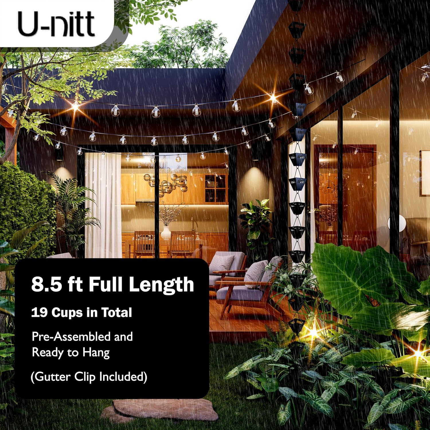 U-nitt Rain Chain Water Collection for Gutters Rainwater Catcher & Diverter, 8.5 FT Chains for Outside Garden, Black