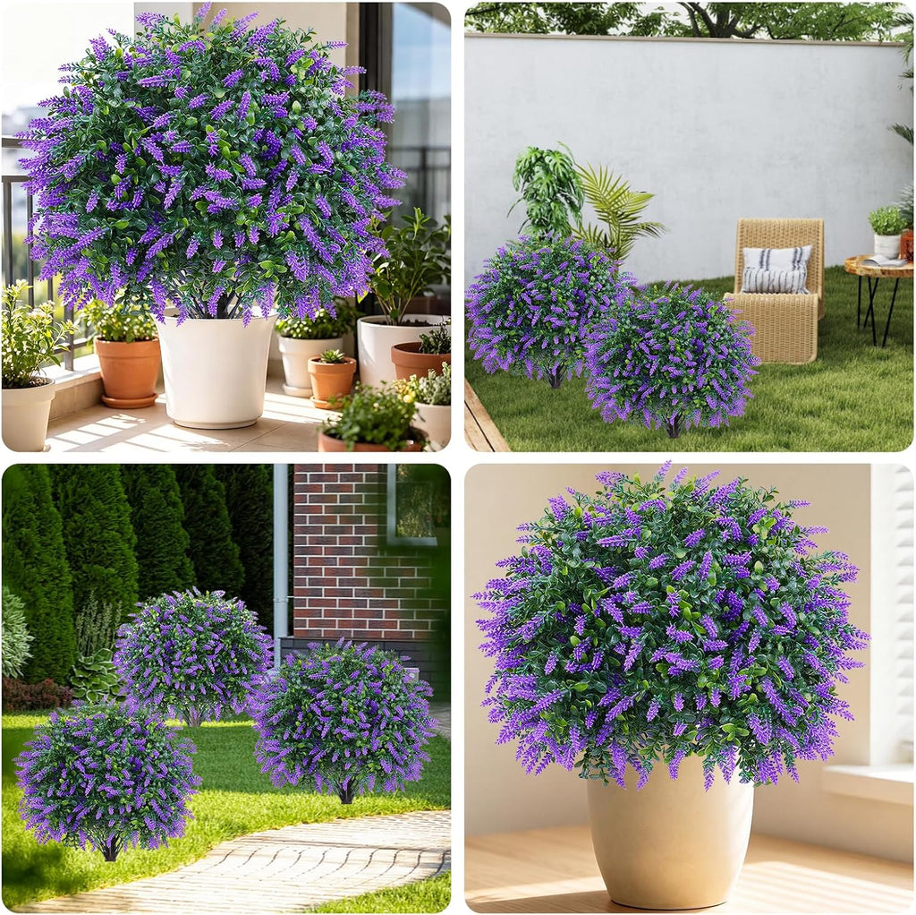 Artificial Lavender Boxwood Topiary Ball Trees Set of 2 Fake Shrubs Bushes | UV Resistant indoor outdoor faux evergreen