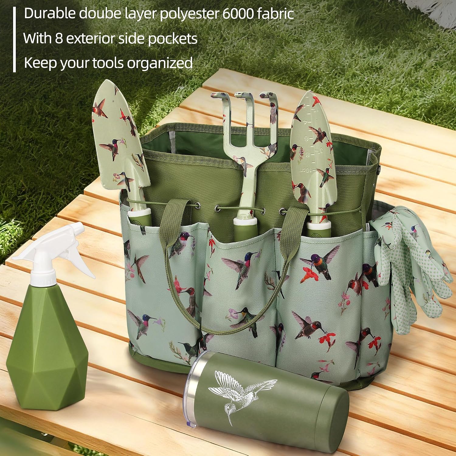 Garden Tool Set with Hummingbird Print, Heavy Duty Gardening Hand Tools with Garden Tool Bag,Gardening Gifts for