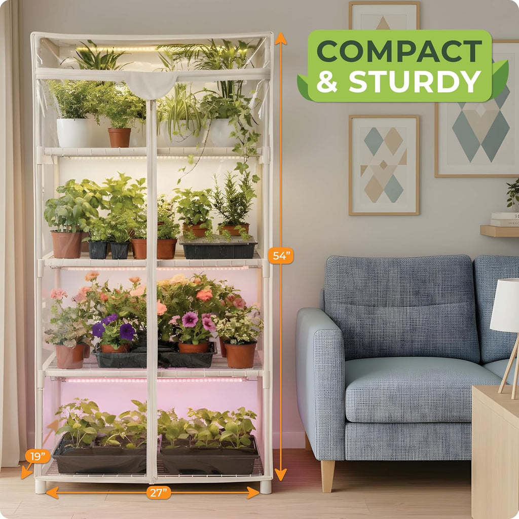 Indoor Greenhouse with Grow Light - 4 Tiers 27.2"L x 19.3"W x 54"H with 2 Heat Mats and 4 Dimmable 15W Full Spectrum