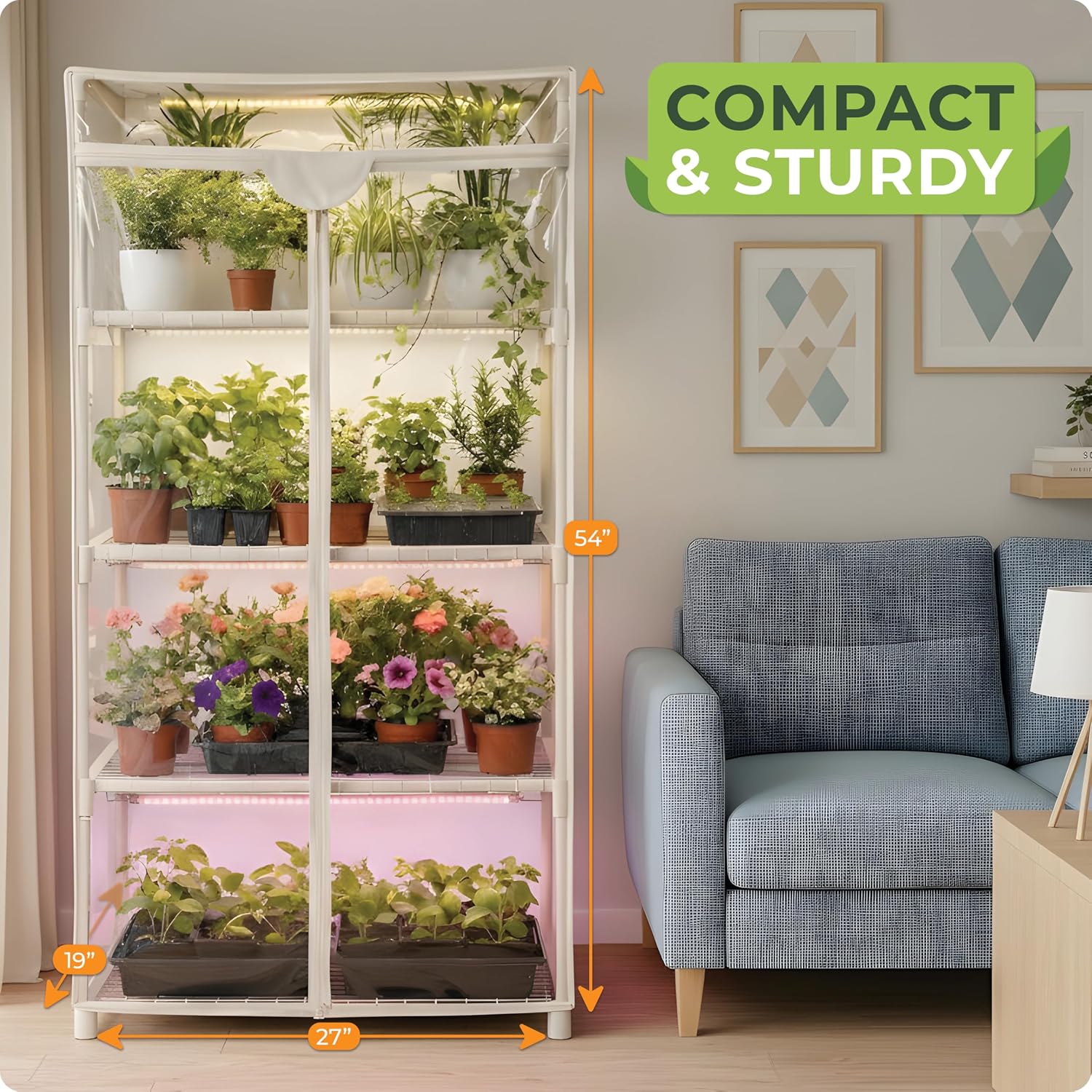 Indoor Greenhouse with Grow Light - 4 Tiers 27.2"L x 19.3"W x 54"H with 2 Heat Mats and 4 Dimmable 15W Full Spectrum