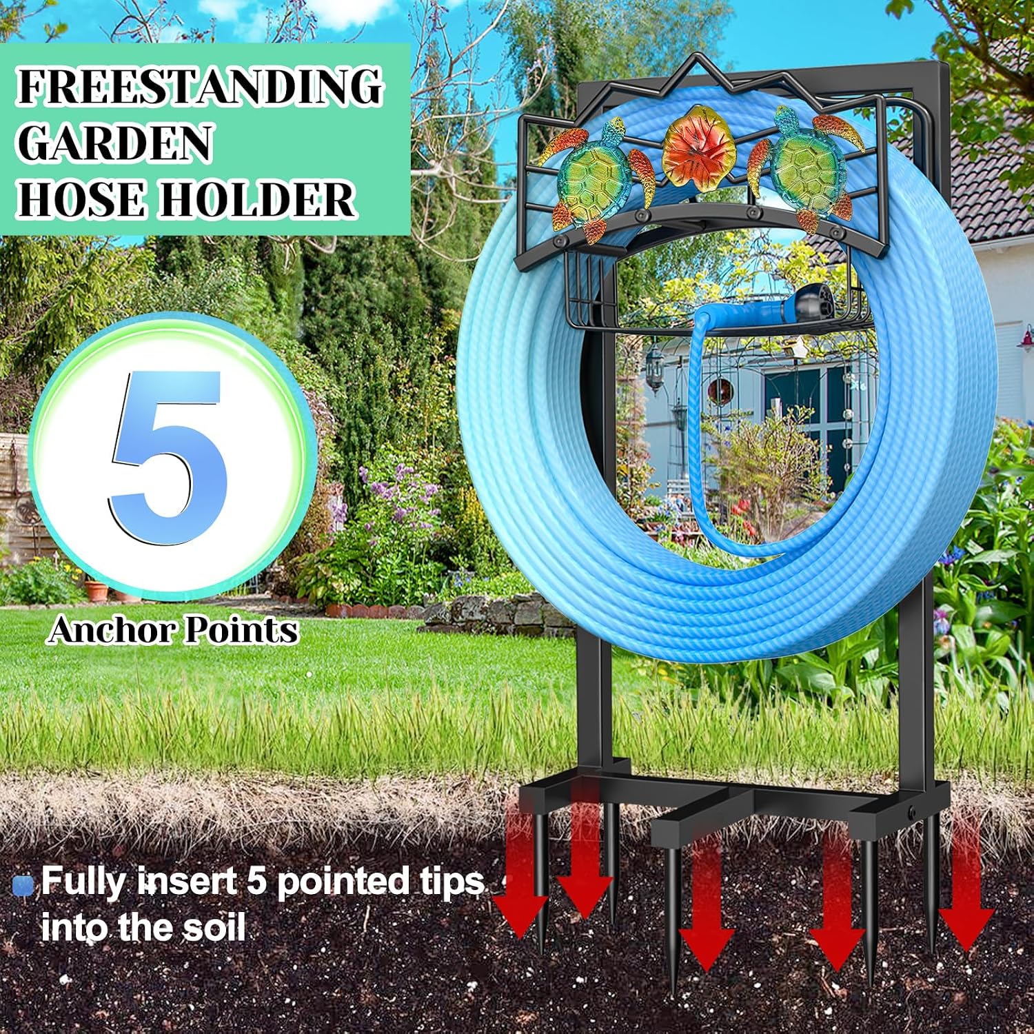 Garden Water Hose Holder 5 Spikes, Freestanding Hose Stand for Outside Yard | Water Hose Reel Stand with Storage Basket