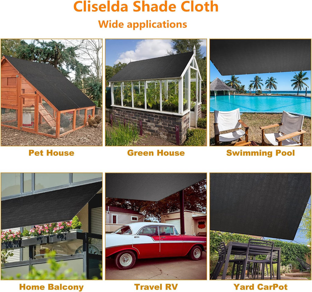 Cliselda 10x50ft Black Shade Cloth w/Grommets for Patio Mesh Tarp Sun Shade | 70% -80% UV Resistant, for Greenhouse