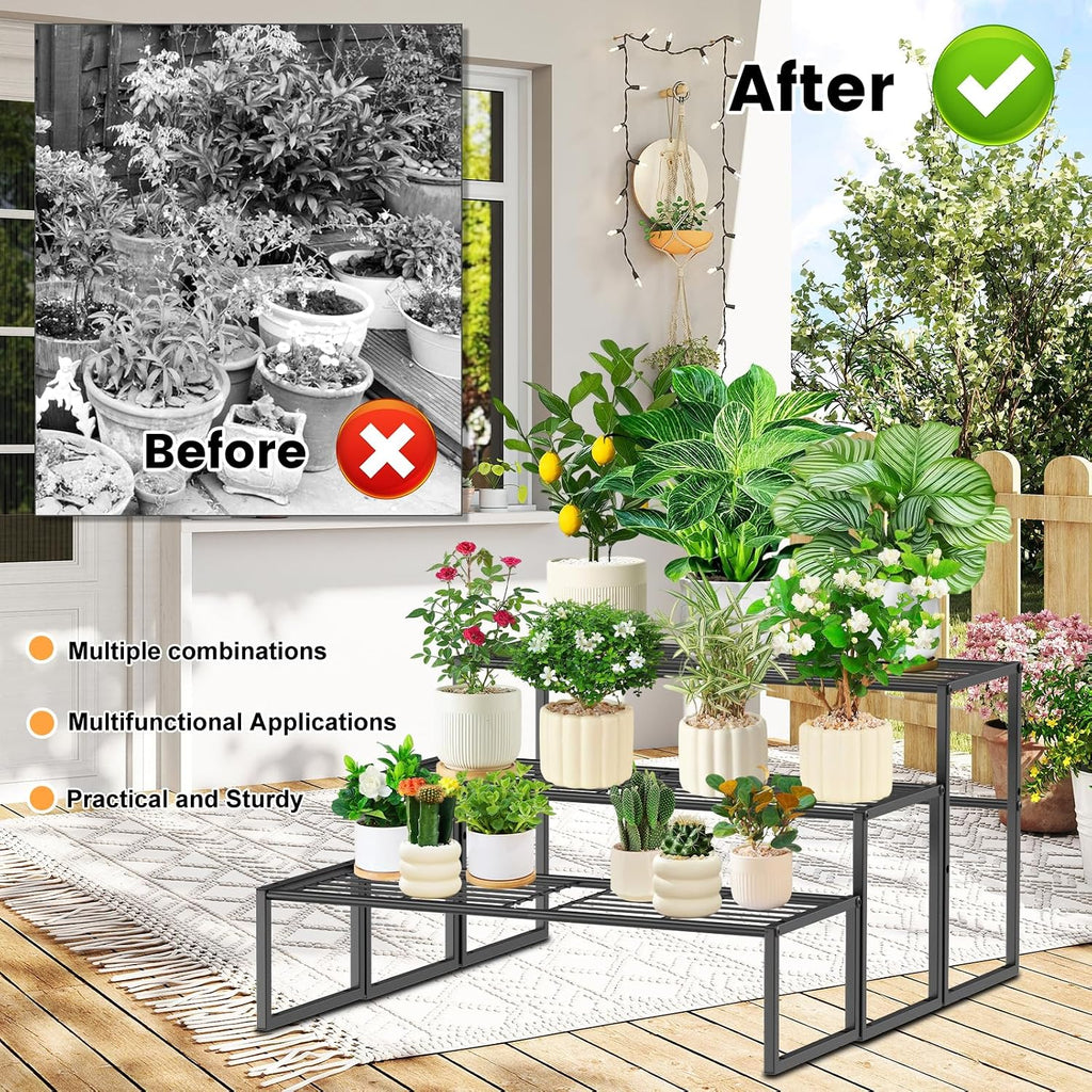 3 Tier Metal Plant Stand Indoor Outdoor, Potted Multiple Flower Pot Holder Rack Plant Shelf, Heavy Duty Planter Display