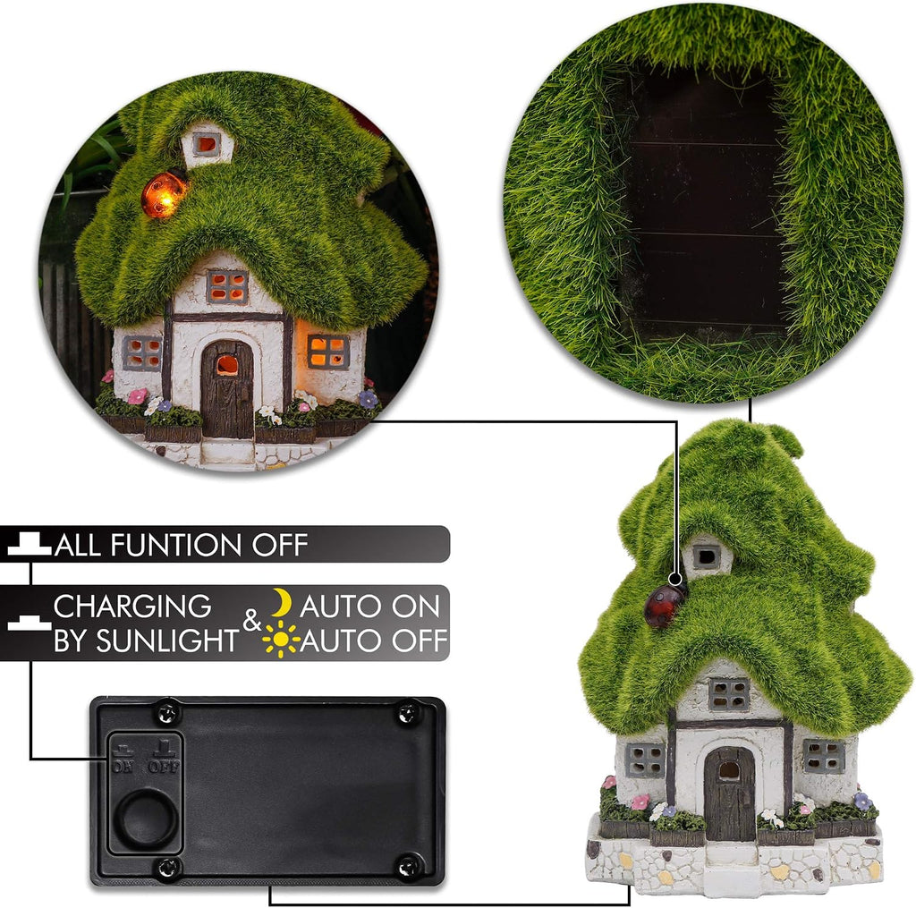 TERESA'S COLLECTIONS Flocked Garden Statue and Figurine Fairy House with Solar Outdoor Lights, Resin Garden Decor