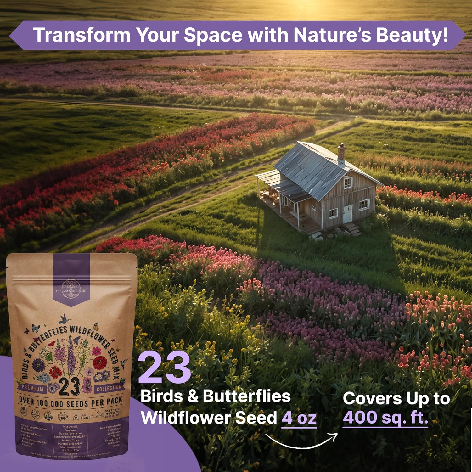 23 Wildflower Seeds Annual & Perennial Mix for Indoor & Outdoors, Attract Birds & Butterflies 100,000+ Non-GMO