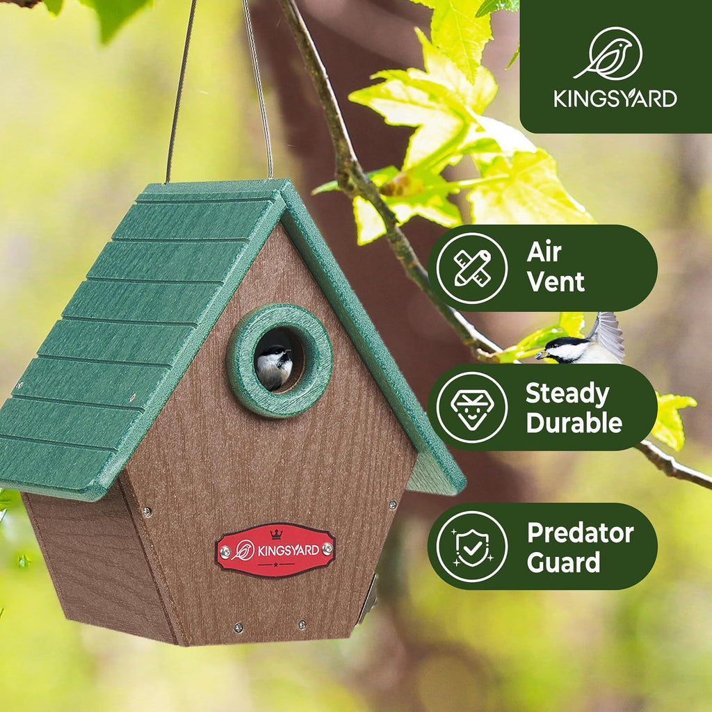 Kingsyard Recycled Plastic Bird House for Outdoors - Hanging Nesting Box with Predator Guard & Air Vents for Wren Finch