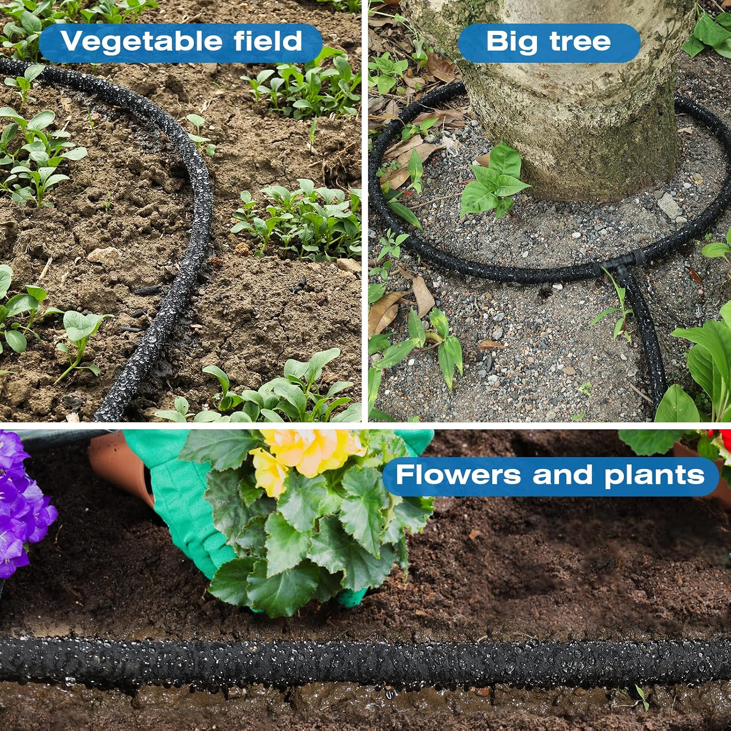 5/8" 50FT Round Soaker Hose for Garden Lawn Vegetable Tree Watering | Heavy Duty Rubber Drip Irrigation Tube, Solid