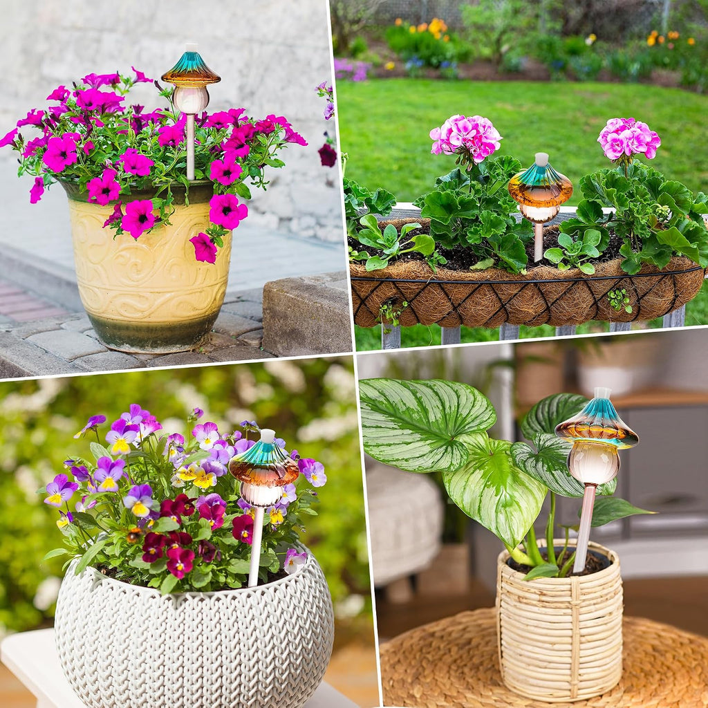 Self Watering Globes for Plants 4 Pack Mushroom Glass Plant Watering Globes | Plant Watering Devices for Indoor &