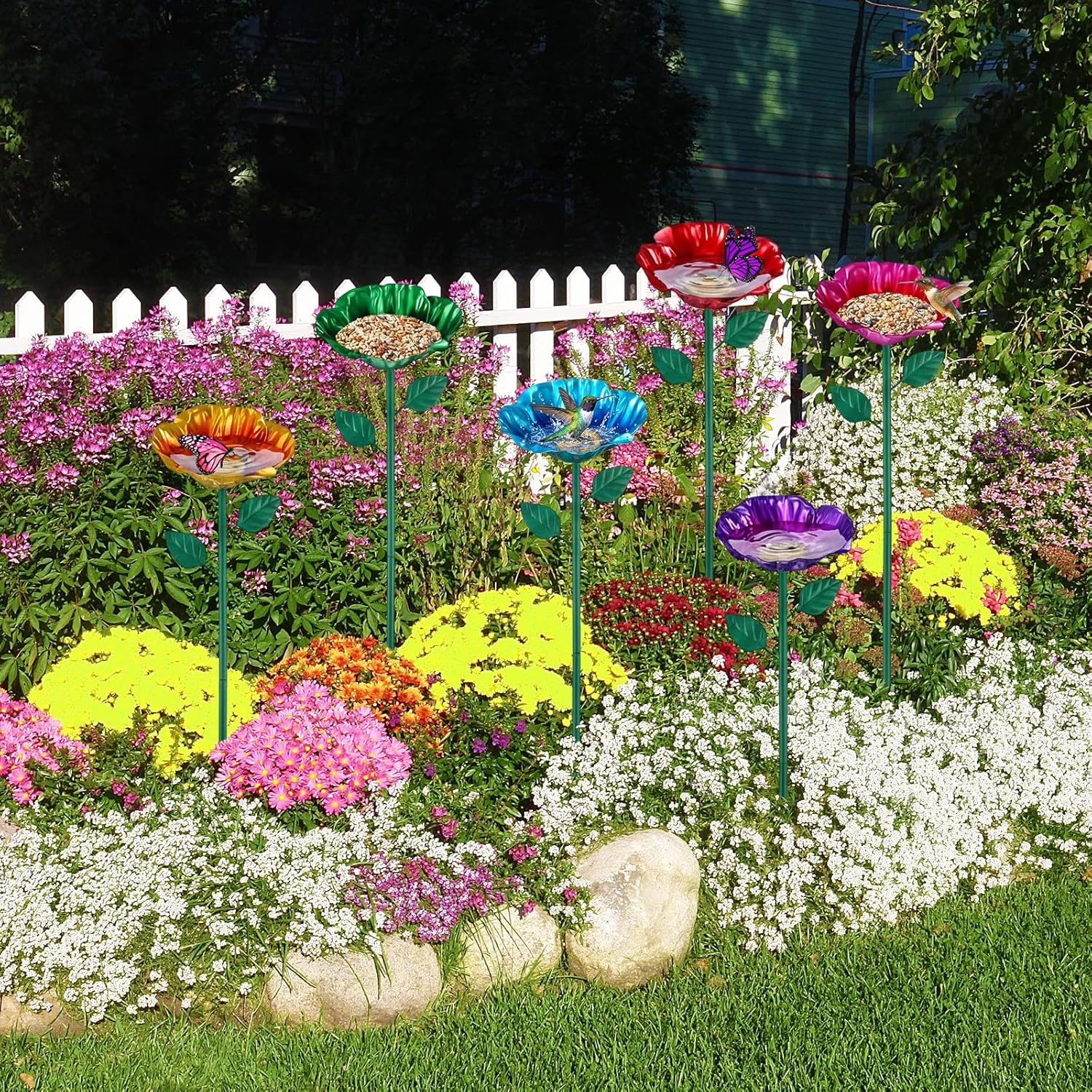LemonRoad 6 Pcs Metal Bird Baths for Outdoors Flower Pattern Bird Bath Feeders with Metal Stake for Garden Yard Lawn