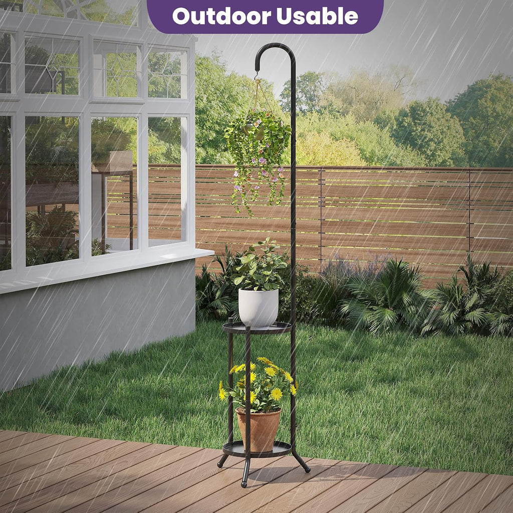 2-Tier Metal Plant Stand with Hanging Hook, Indoor Outdoor Plant Shelf,Heavy Duty Plant holder Rustproof Iron Multiple