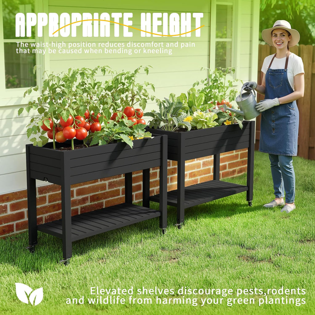 21 Gallon Raised Garden Bed with Legs and Wheels, Raised Planter Box with Drainage Plug and Gauge, Lower Shelf for