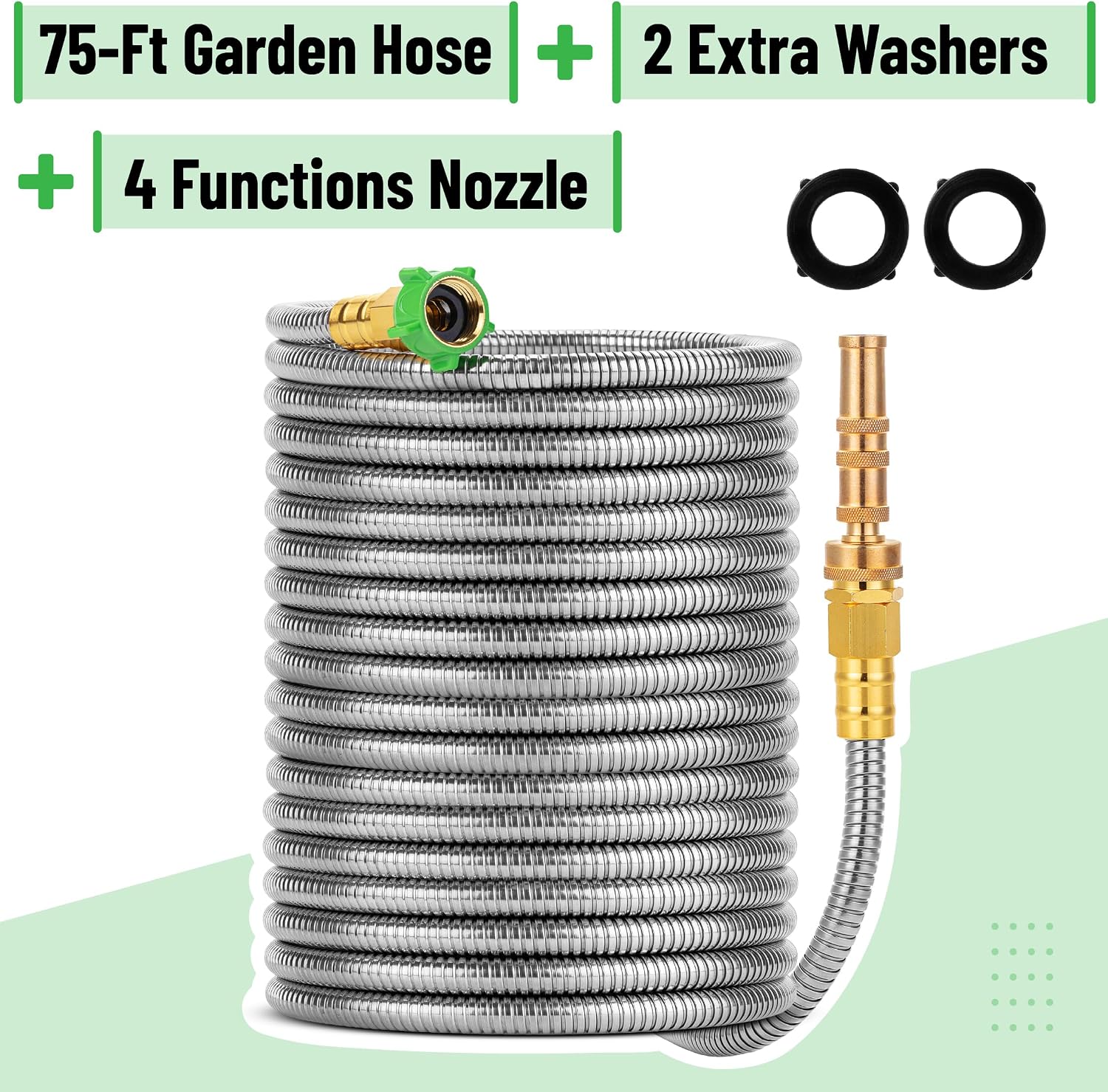 UNCO- Stainless Steel Metal Hose with 4 Function Brass Nozzle, 75 ft, No Kink, Metal Garden Hose