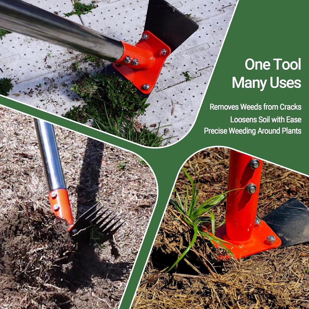 59 Inch One-Piece Handle 2-in-1 Garden Hoe and Weed Puller Tool | Weeding Tool Weed Rake Heavy Duty Spring Steel Head