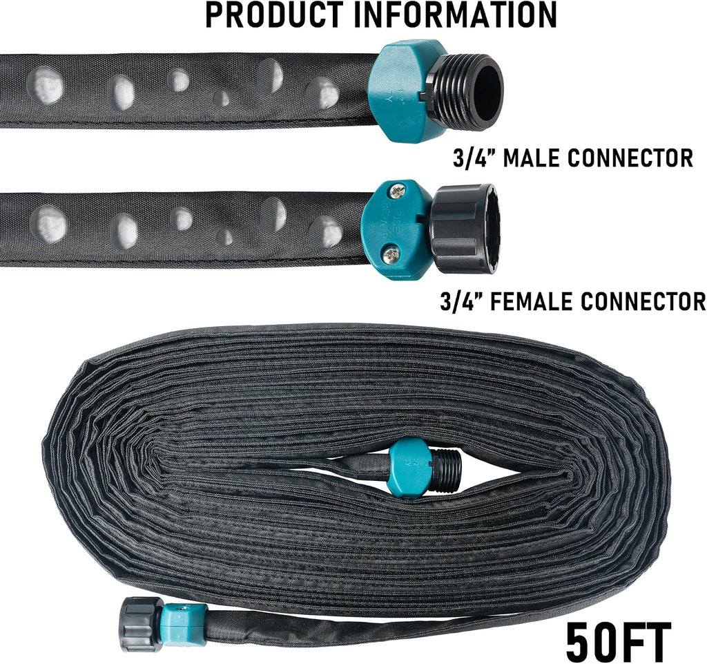 Hourleey Flat Soaker Hose 100 FT for Garden, 100' (50FT x 2) Linkable Consistent Drip Irrigation Hose, Leak-free