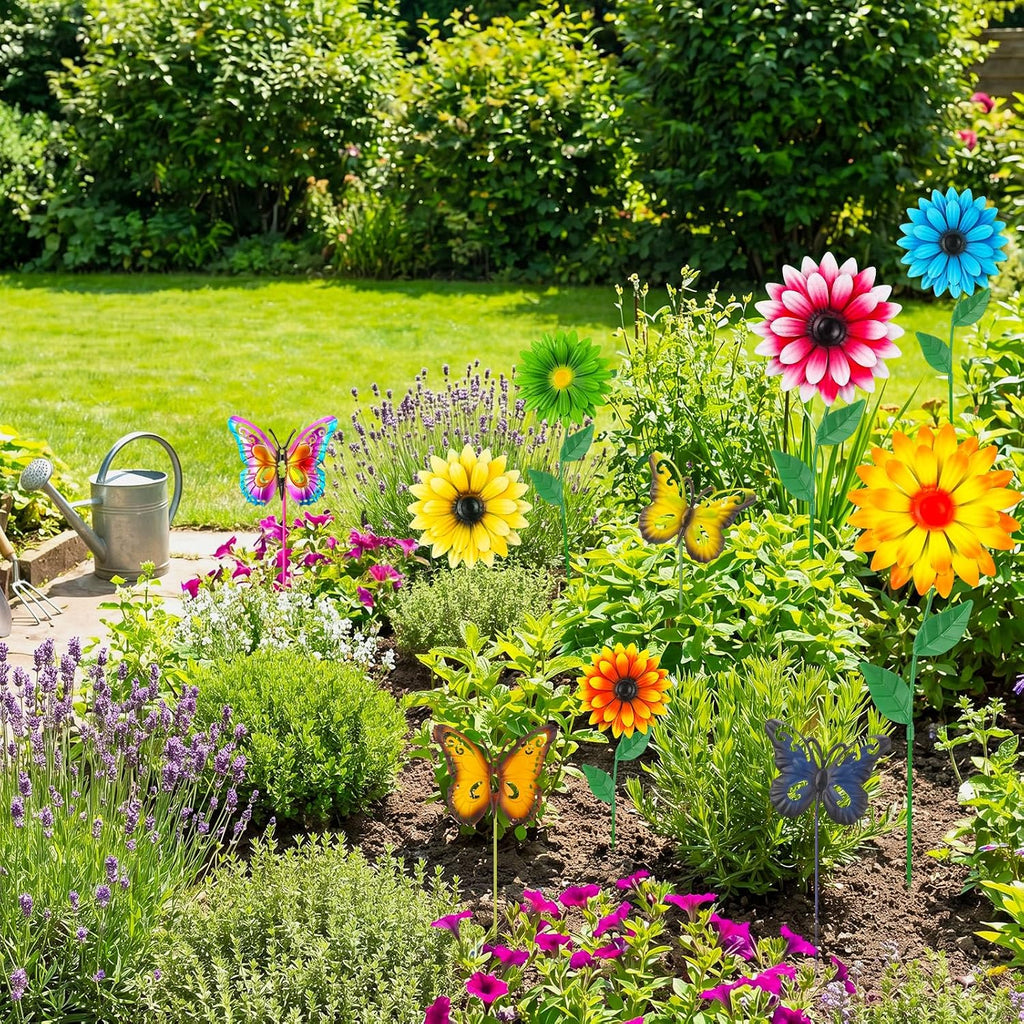 Chumia 10 Pack Decorative Garden Metal Flowers for Outside 3D Garden Flowers Stakes Art Outdoor Yard Decor for Lawn