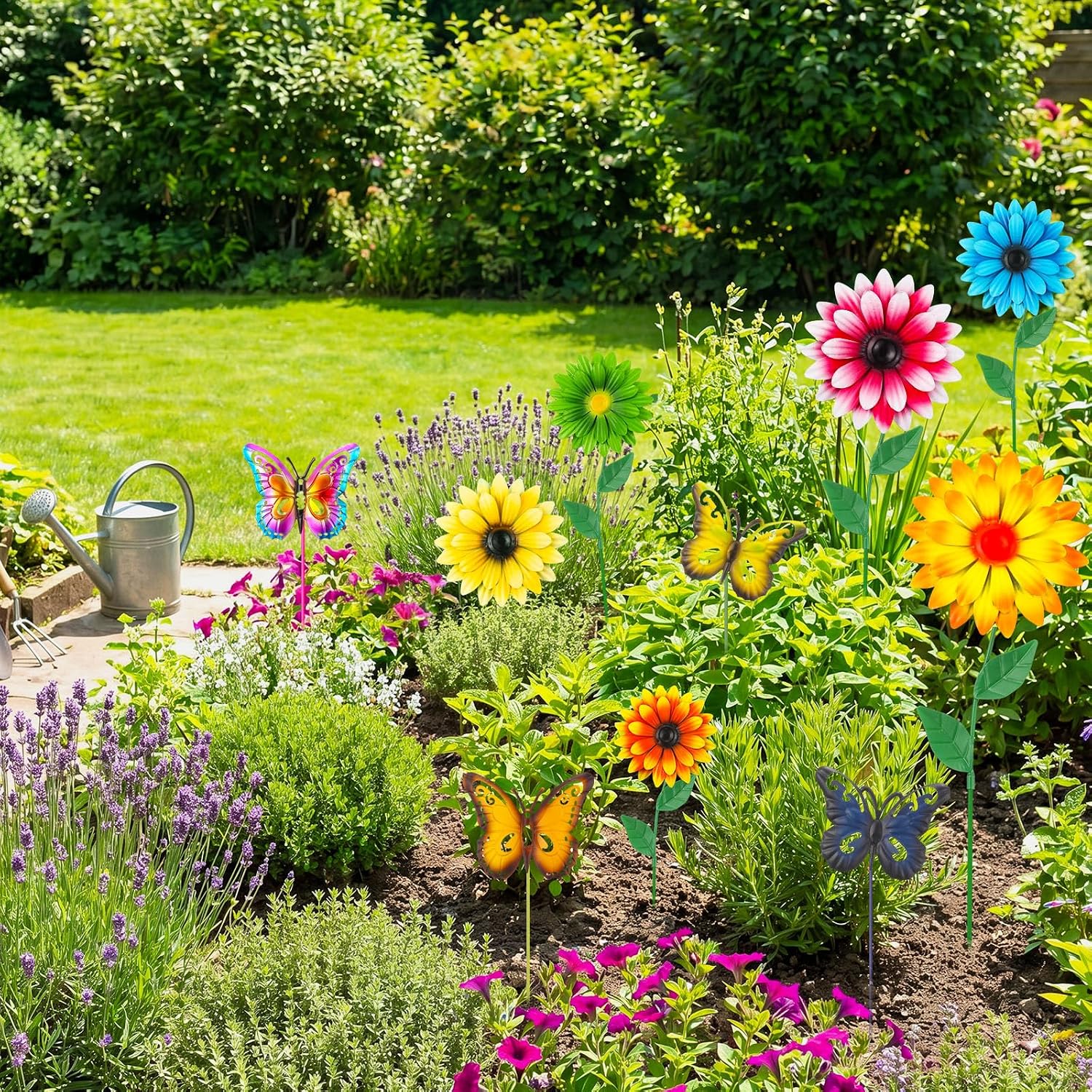Chumia 10 Pack Decorative Garden Metal Flowers for Outside 3D Garden Flowers Stakes Art Outdoor Yard Decor for Lawn