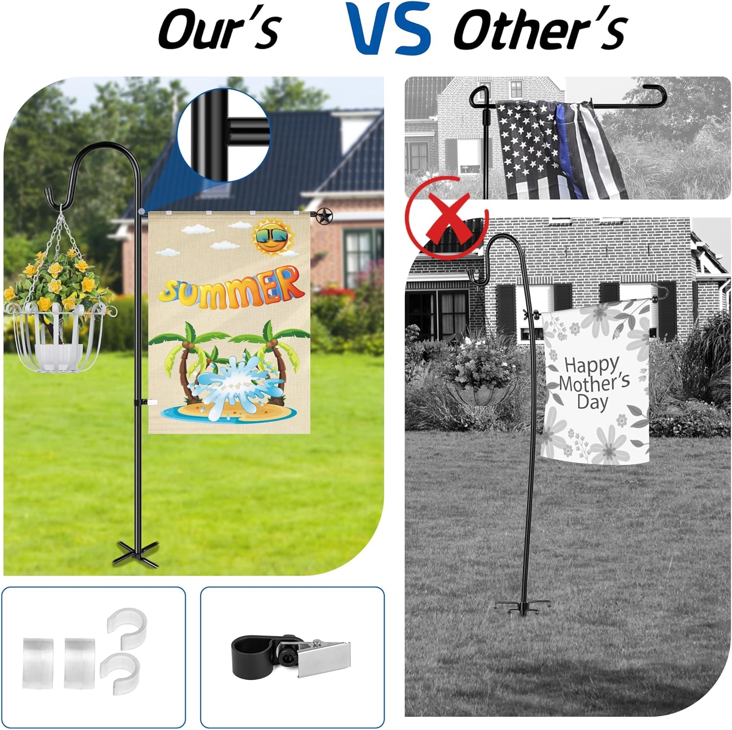 Ottsuls Garden Flag Stand, Heavy Duty Flag Pole Holder with Shepherd Hook for Yard Decoration, 60 INCH Sturdy Yard Flag