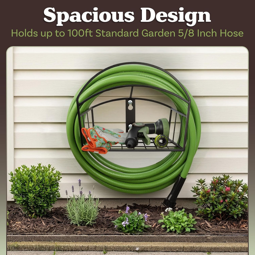Garden Hose Holder Wall Mount with Storage Basket - Rust-Resistant Steel Outdoor Water Hose Hanger Hook for 100ft of