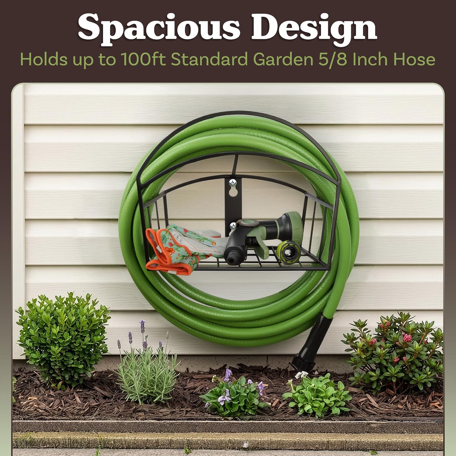 Garden Hose Holder Wall Mount with Storage Basket - Rust-Resistant Steel Outdoor Water Hose Hanger Hook for 100ft of
