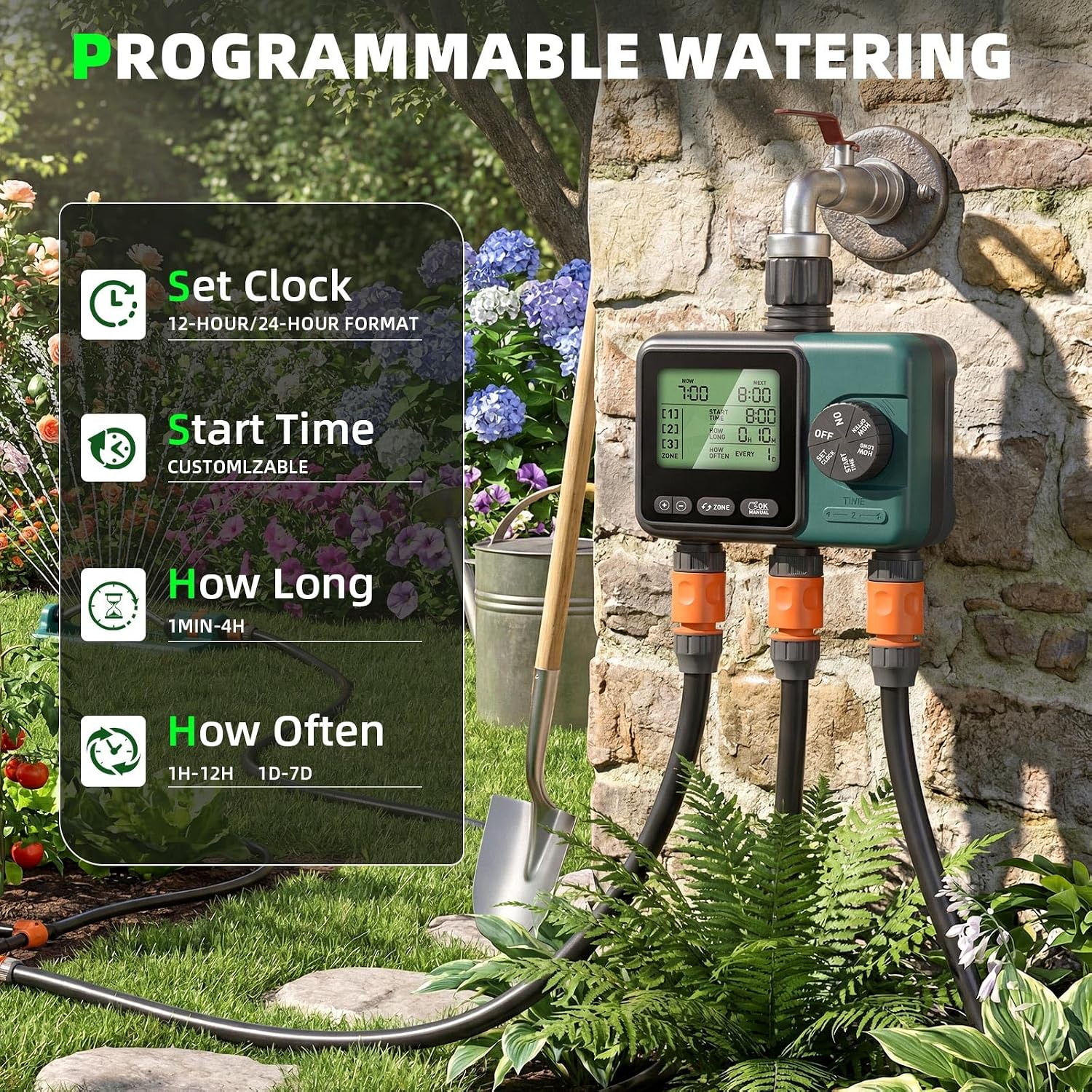 3 Zone Sprinkler Timer,3 Custom Watering Plans Hose Time, IP65 Waterproof, Rain Delay Manual & Automatic Watering with