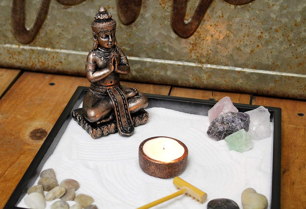 Nature's Mark Mini Zen Garden Kit for Desk with Rake, White Sand, Buddha Figures, Tea-Light Holder Black Square Base