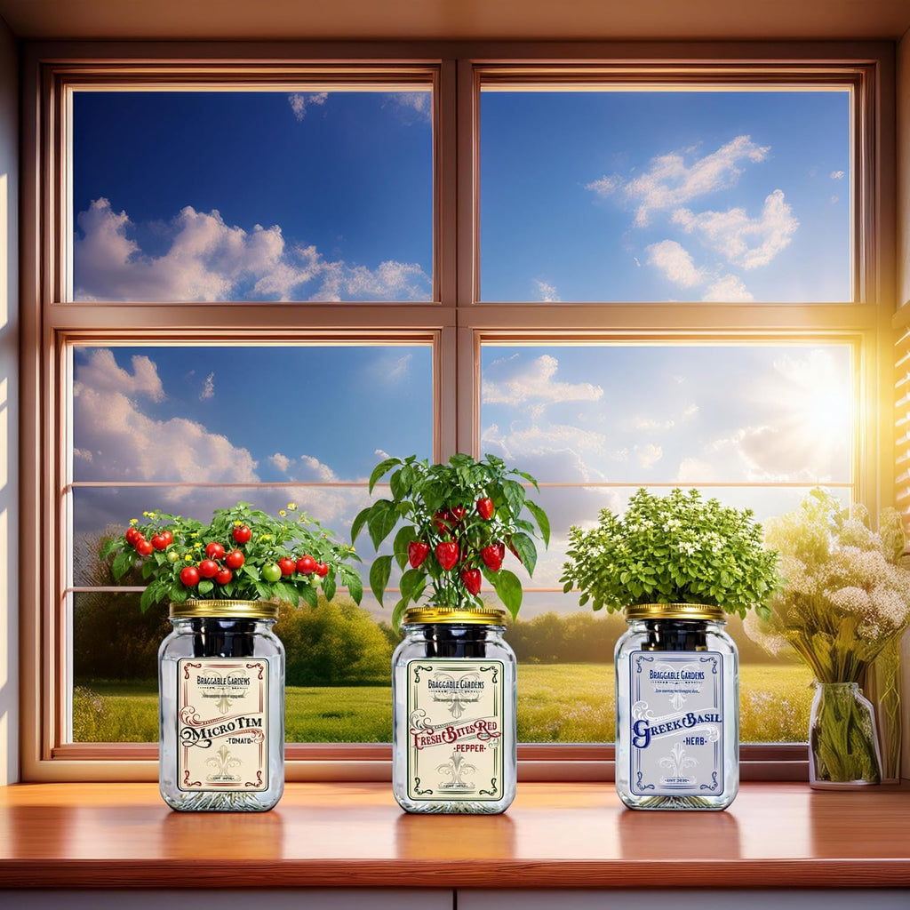 Italian Pizza Garden Mason Jar Kit (3 Pack) – Tiny Tim Tomato, Greek Basil & Mini Red Bell Pepper – Indoor Hydroponic