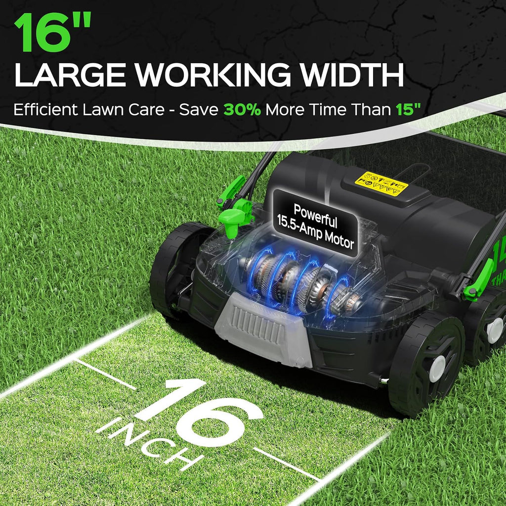 TIECTOWN 2026 Upgrade 16-Inch 15.5 Amp 2-in-1 Electric Dethatcher and Scarifier with 14.5-Gallon Collection Bag, Lawn