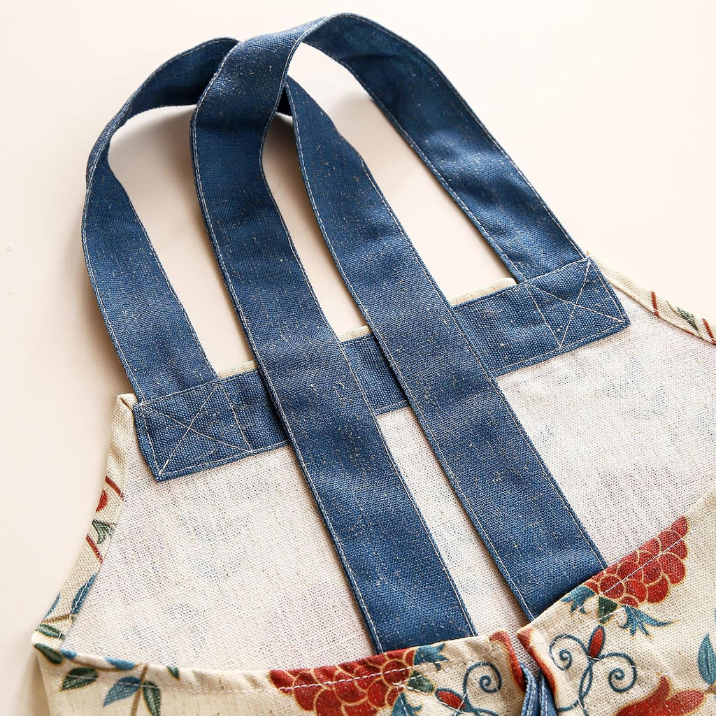 patdrea Blue Floral Linen Apron with Pocket,French Kitchen Garden Chef BBQ Aprons for Women and Men,Crisscross Back