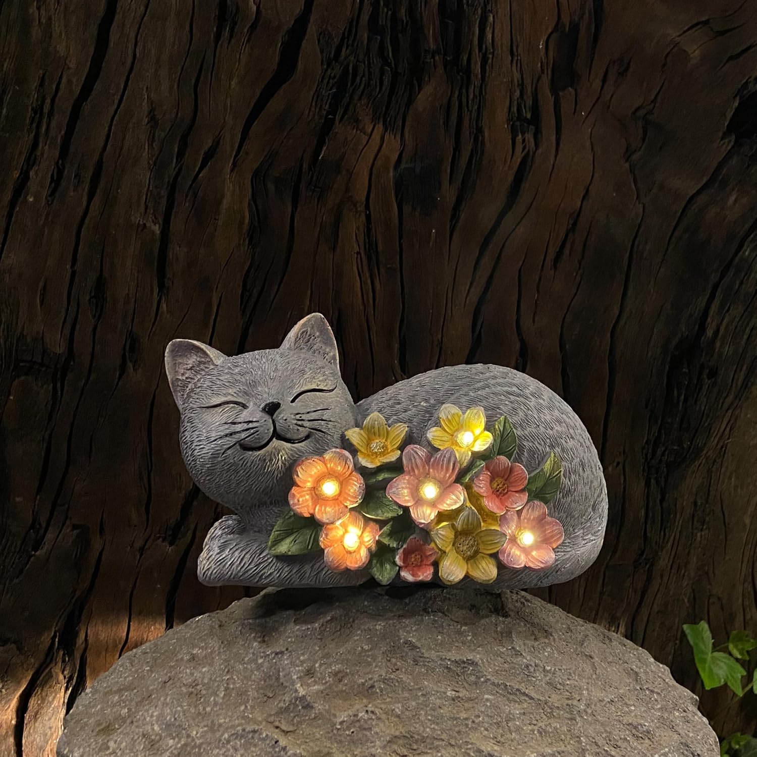 Solar Cat Garden Statue, Resin Solar Cat Lights for Outside | Outdoor Cat Statues with Flower for Lawn Porch Yard Art