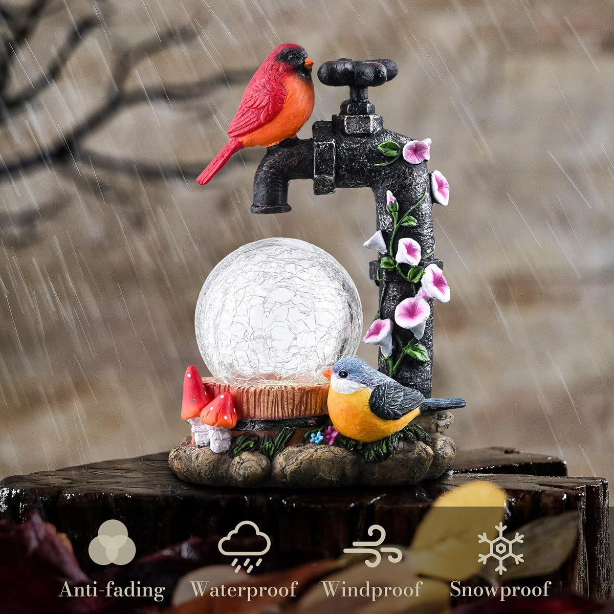 TERESA'S COLLECTIONS Garden Decor for Outside Red Cardinal Bird Statues with Outdoor Solar Lights, Resin Garden