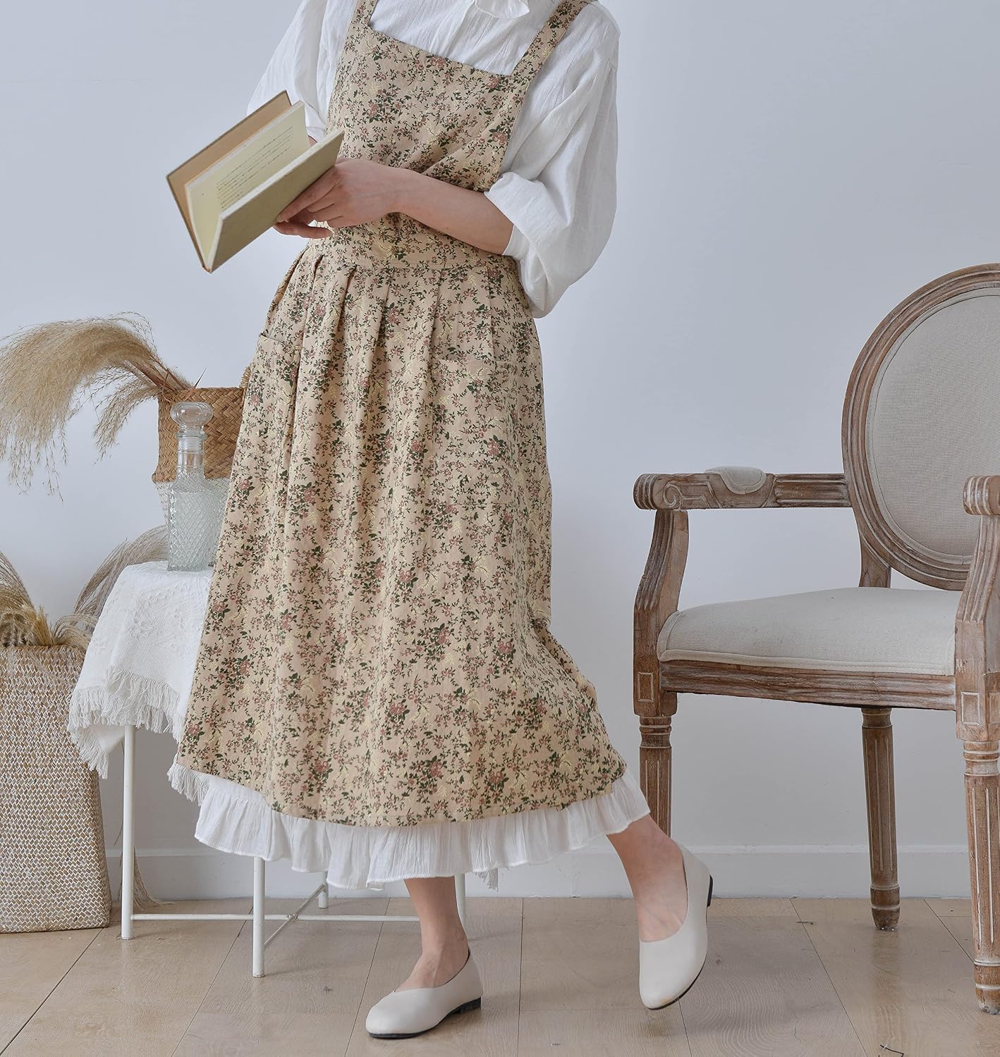 Japanese Cotton Linen Cross Back Apron with Pockets,Fashion Pinafore Dress for Gardening Painting Cleaning Cooking