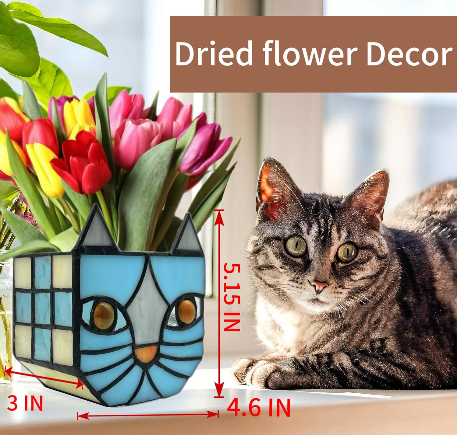 Stained Glass Blue Cat Planter,Plant pots with Drainage Holes, Plant Flower Pot for Houseplants and Succulents,Cute