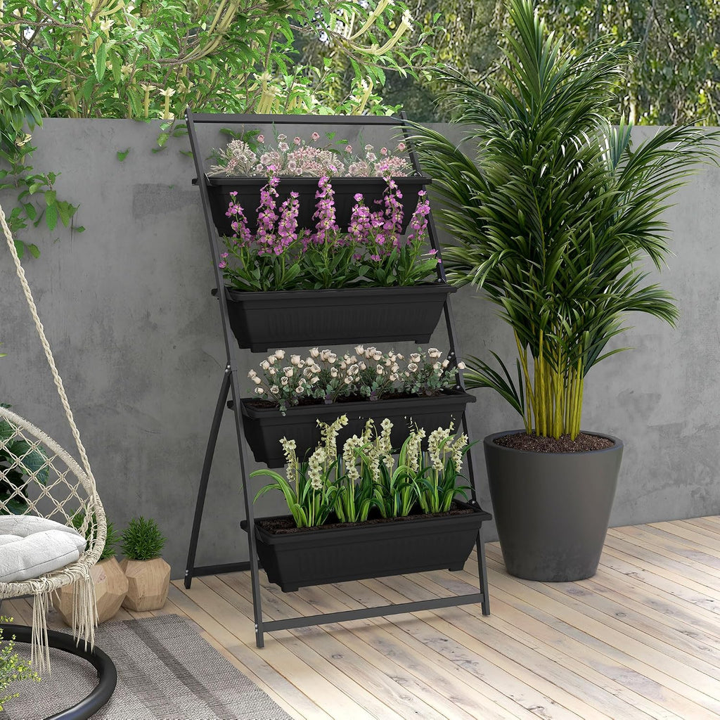 Outsunny Raised Garden Bed 4 Tier Vertical Planter Set with Stand, Black | 4 Outdoor Planter Boxes, Self Draining