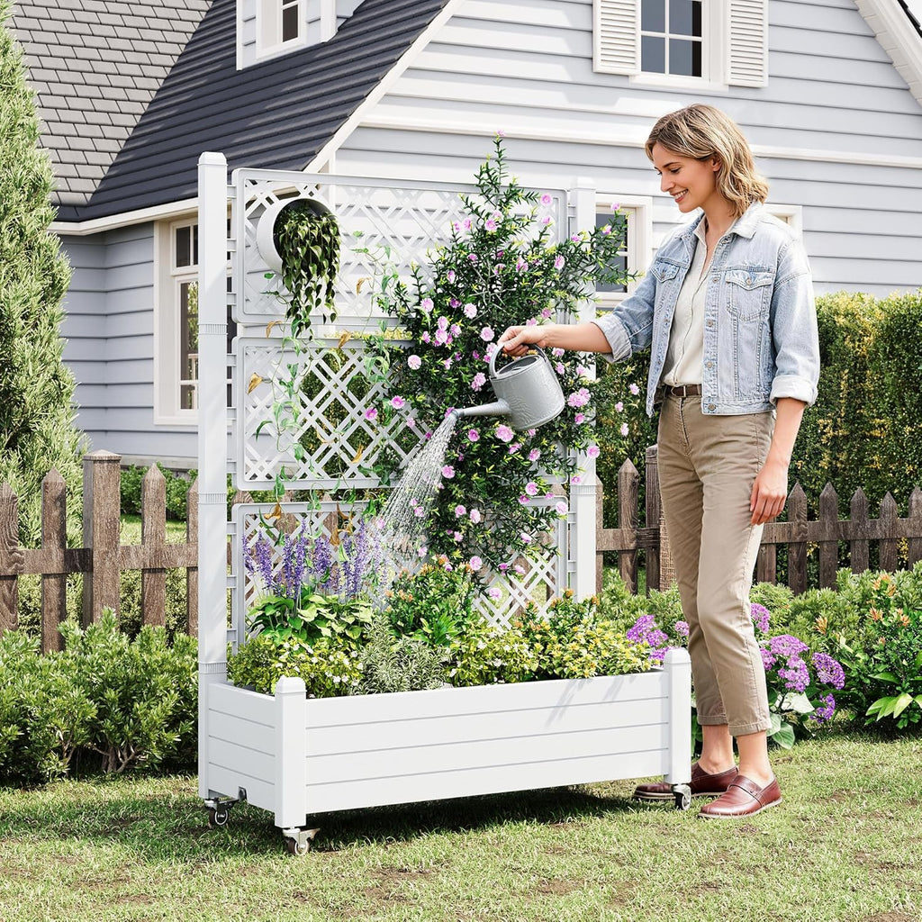 Elevated Raised Garden Bed with Trellis&Wheels,Ashen-61.2" h | Planter Box with Trellis Outdoor, Raised Planter with