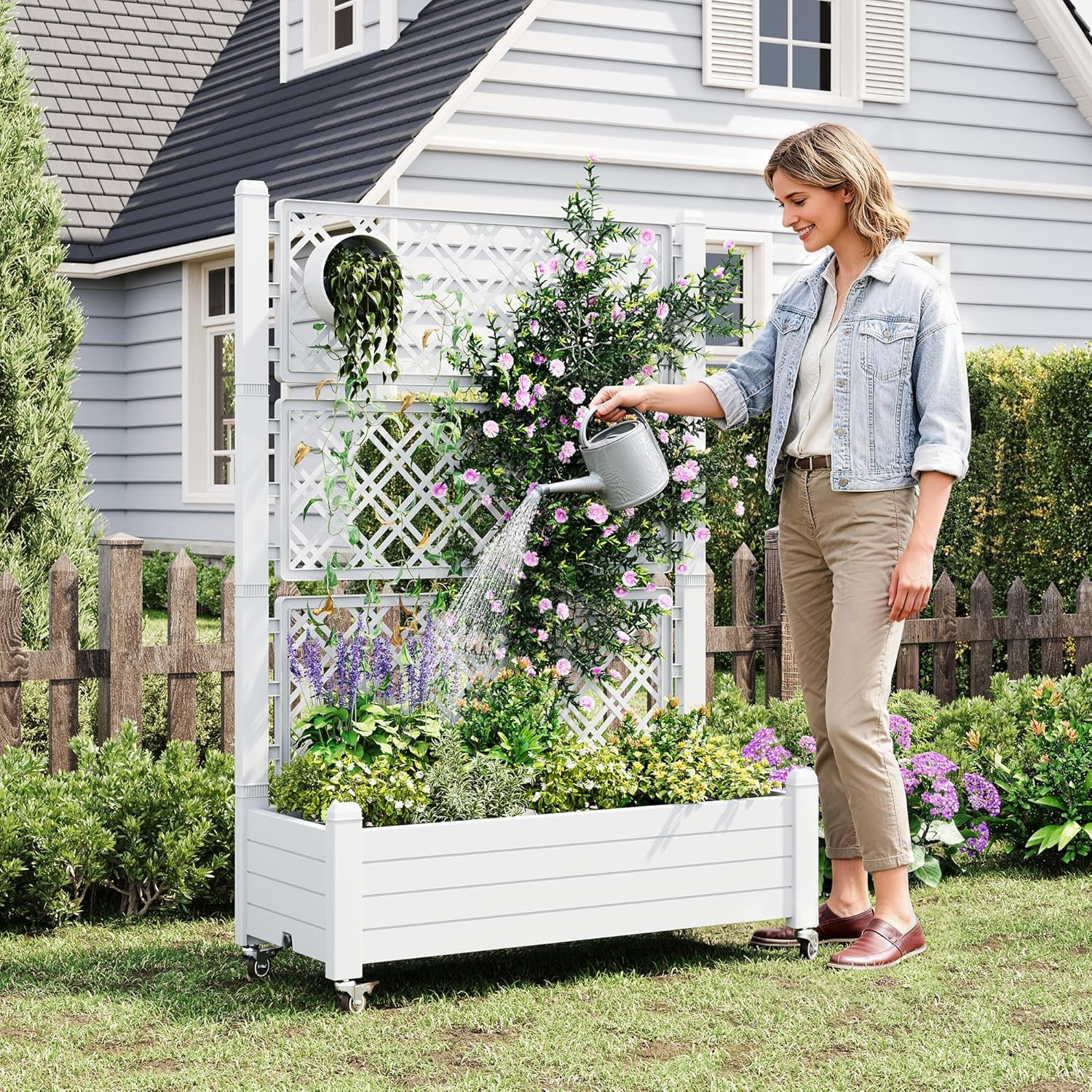Elevated Raised Garden Bed with Trellis&Wheels,Ashen-61.2" h | Planter Box with Trellis Outdoor, Raised Planter with