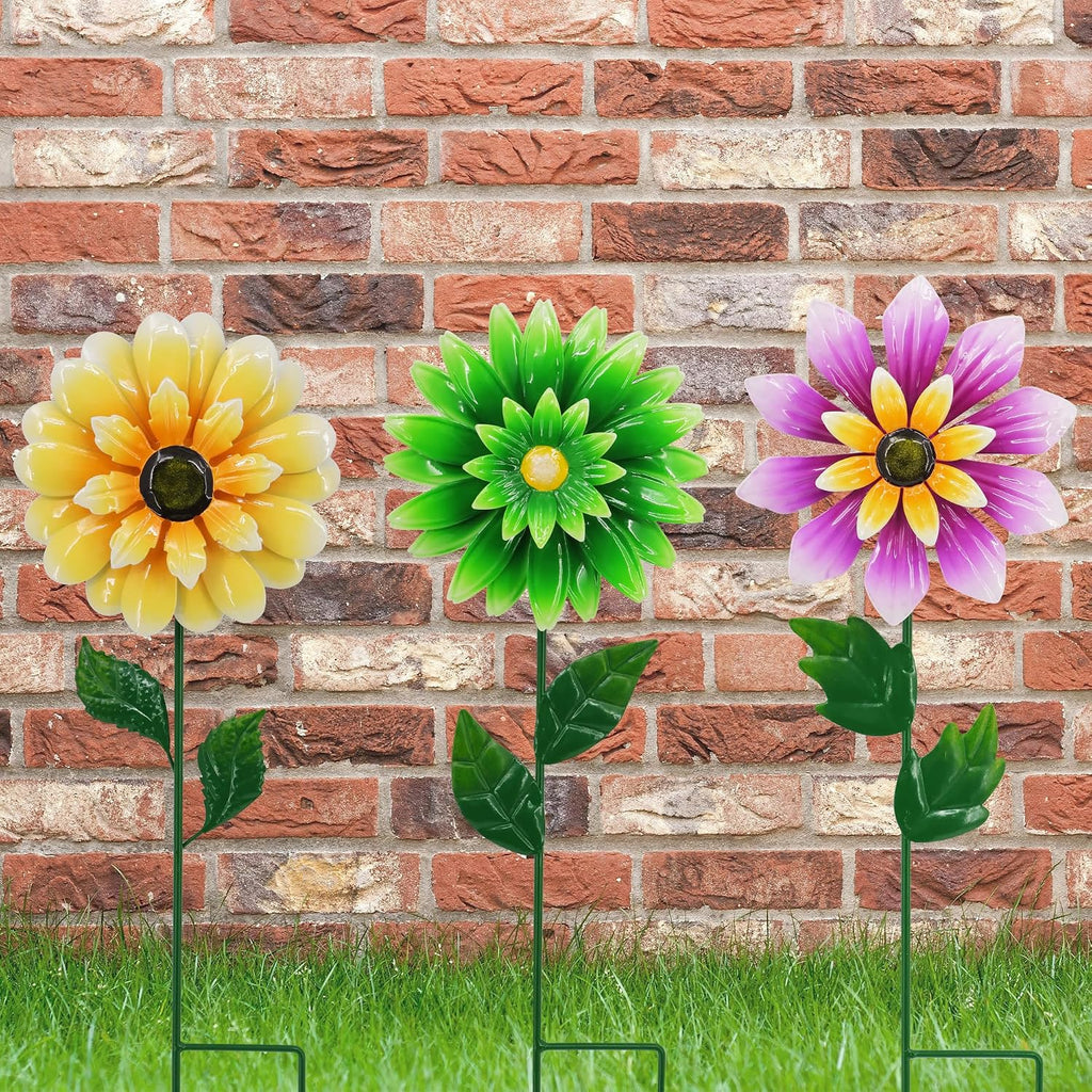 3 Pack Metal Flower Wind Spinners, Kinetic Garden Stakes with H-Base, Colorful 3D Floral Windmills for Yard, Patio