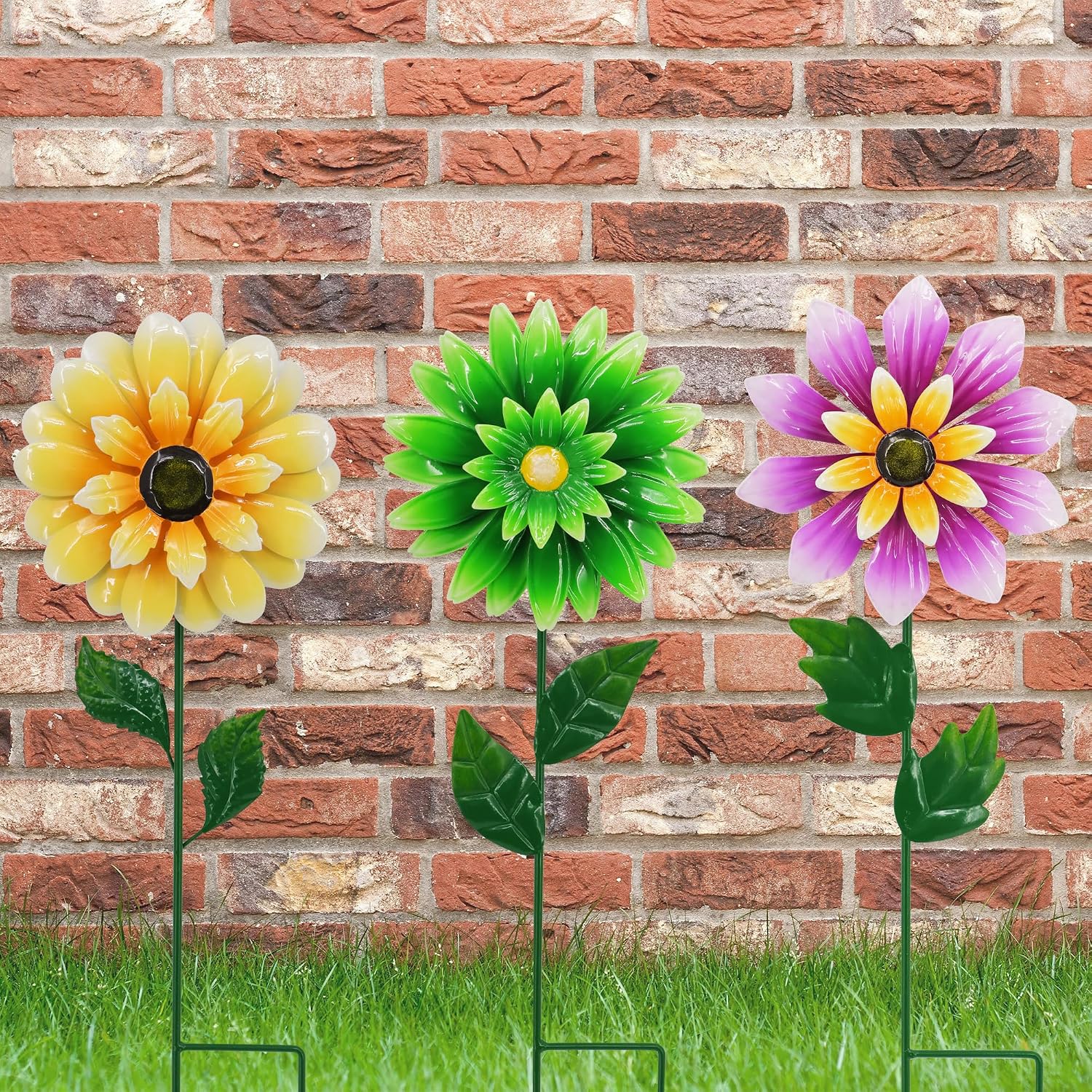 3 Pack Metal Flower Wind Spinners, Kinetic Garden Stakes with H-Base, Colorful 3D Floral Windmills for Yard, Patio