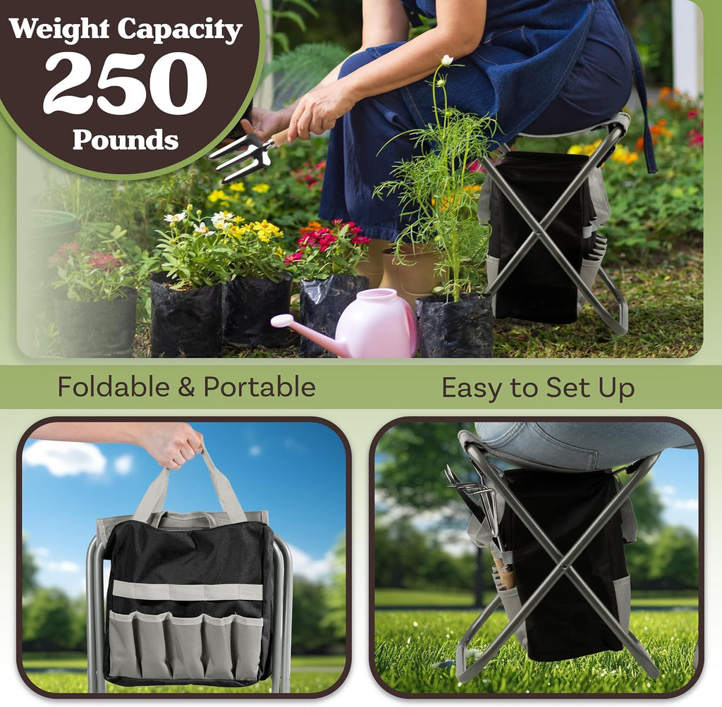 Pure Garden Folding Stool with 250lb Capacity and Garden Tools Set, Gray | Includes Detachable 7 Pocket Bag and 5