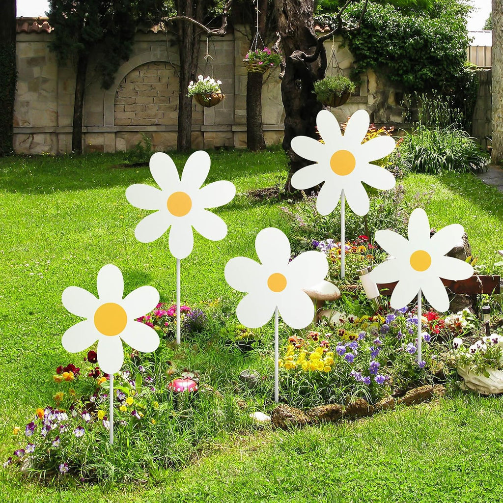 5 Pcs Daisy Yard Decorations Outdoor Metal Summer Daisy Yard Signs with Stakes Groovy Boho Flower Decorative Lawn Signs