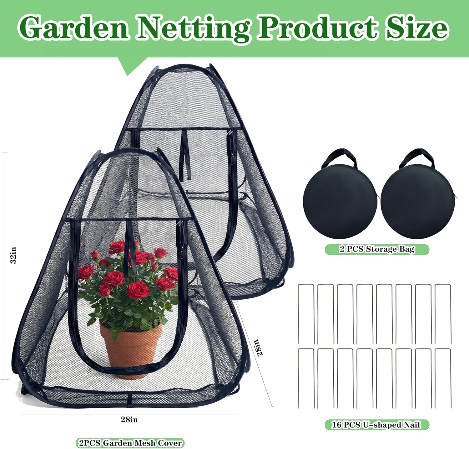 2PCS Pop-Up Garden Netting Protector with 2 Storage Bags & 16 U-Shaped Nails, 28"x28"x32" Plant Shade Tent， Mesh Plant