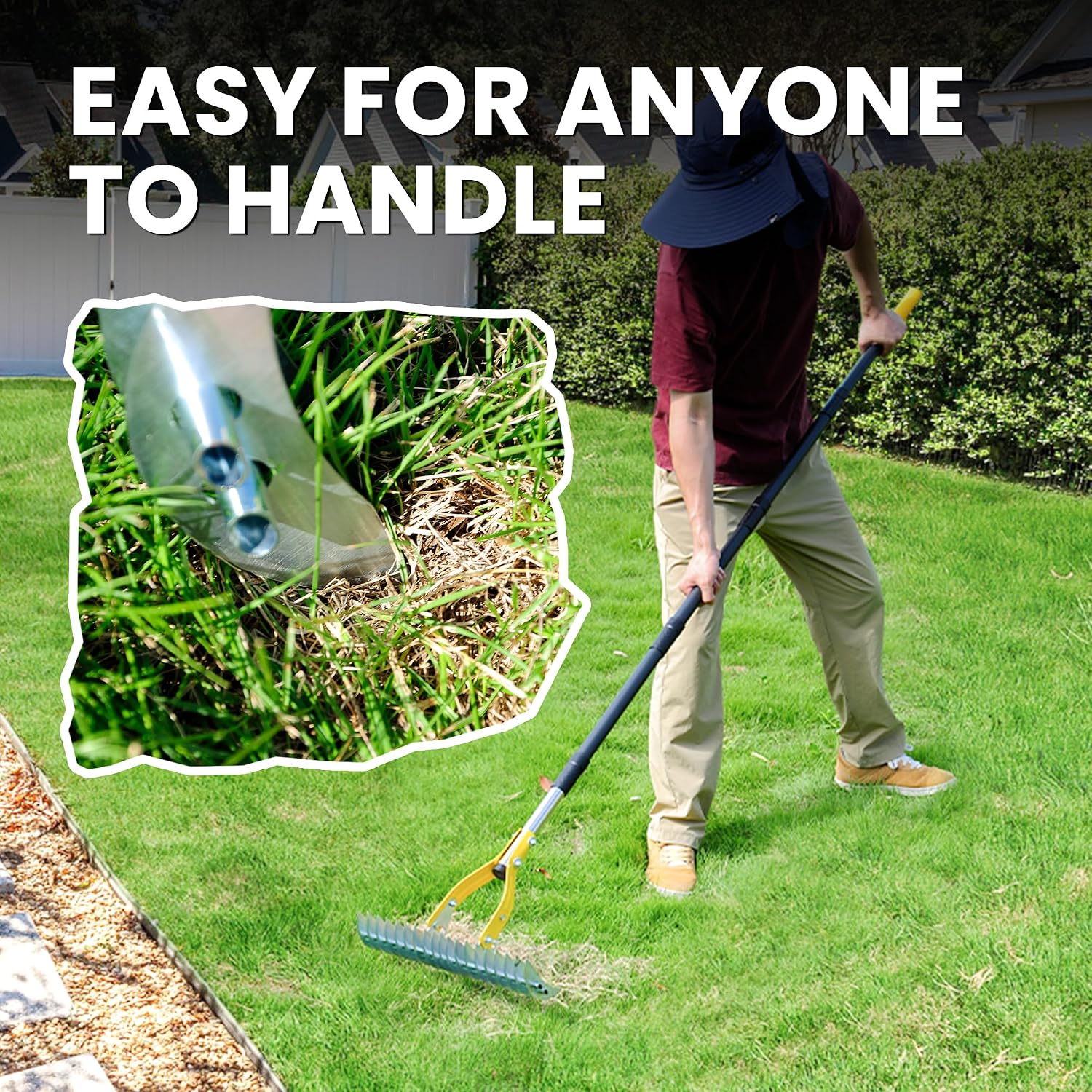 Thatch Rake for Lawn with 74inch Handle, 15 inch Dethatcher Rake for Grass to Cleaning Dead Grass, Efficient Steel