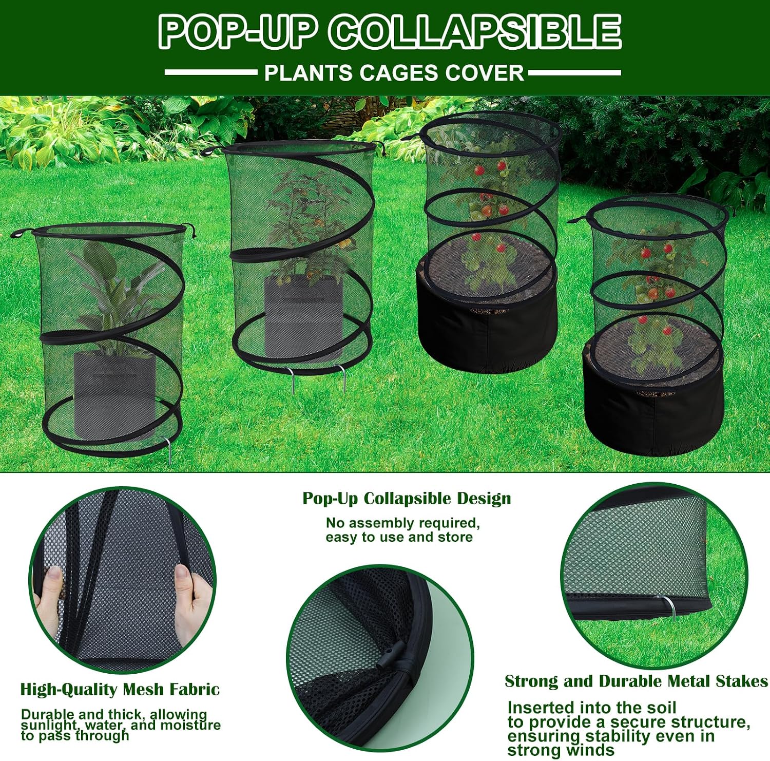 4 Pack Pop up Plant Covers Tent from Animals, 20"H X 13"D Insect Barrier Mesh Plant Guard Cover Net Black Garden Plant